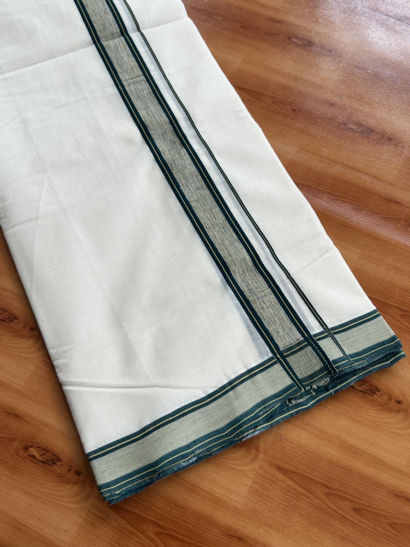 Double Off White (Unbleached) Mundu/Dhoti - 25% Discount!! KaithariKada Handloom Unakkupaav - Kerala Handloom - 100% Pure Cotton - 100x80 - 1.25 inch Dark Green & Yellow Shaded Striped Kara 3.80 meter (8 muzham) - 50 KK5436 REA