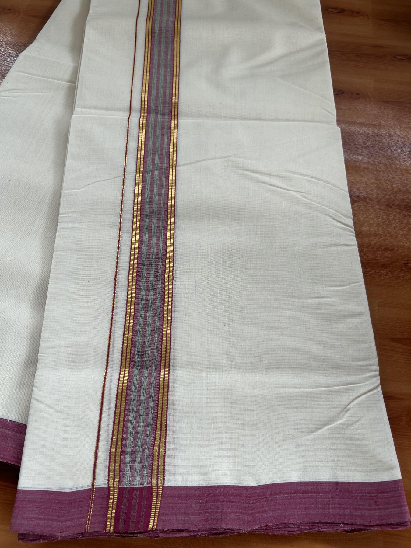 Double Off White (Unbleached) Mundu/Dhoti- 25% Discount! KaithariKada Handloom Millpaav - Kerala Handloom - Cotton - 80x90 - 1.25 inch Gold Kasav & Green & Magenta Shaded Striped Kara 4.50 meter (10 Muzham) - 25 KK5396 RAM