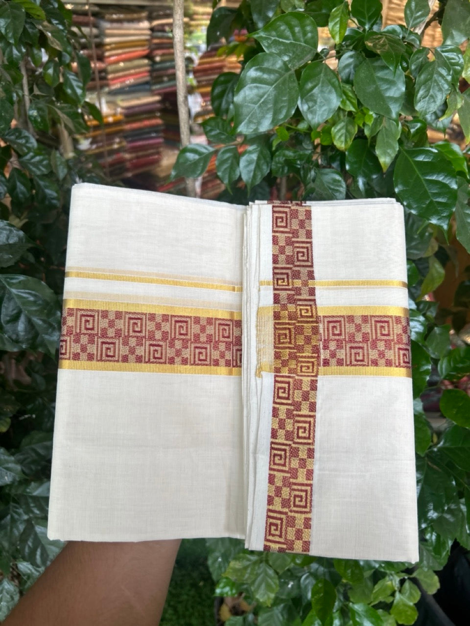 25% Discount ! Kaitharikada Handloom Unakkupaav Balaramapuram - 100% PURE Cotton OFF WHITE - (Unbleached) Double Mundu/Dhoti - 100x80 - 2 inch Gold Kasav & Maroon Jacquard Design Kara 4 mtr (8.5 Muzham) - 6 KK5301 ABH