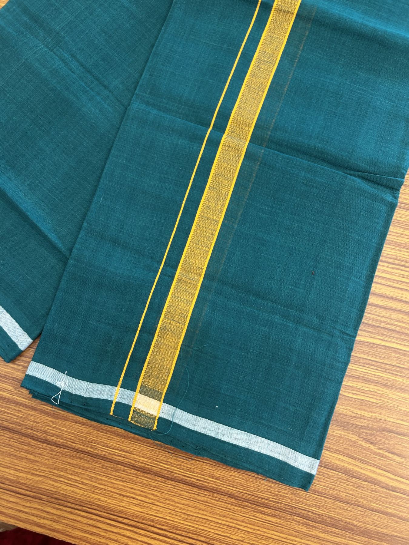 Kerala Handloom Single Hallmarked - 10% Discount !! KaithariKada 100% Pure Cotton - Mundu/Dhoti Pine Green Body - 1 inch Orange Shaded Kara - (2 meter / 4 muzham) - 49 KK8048 ELA