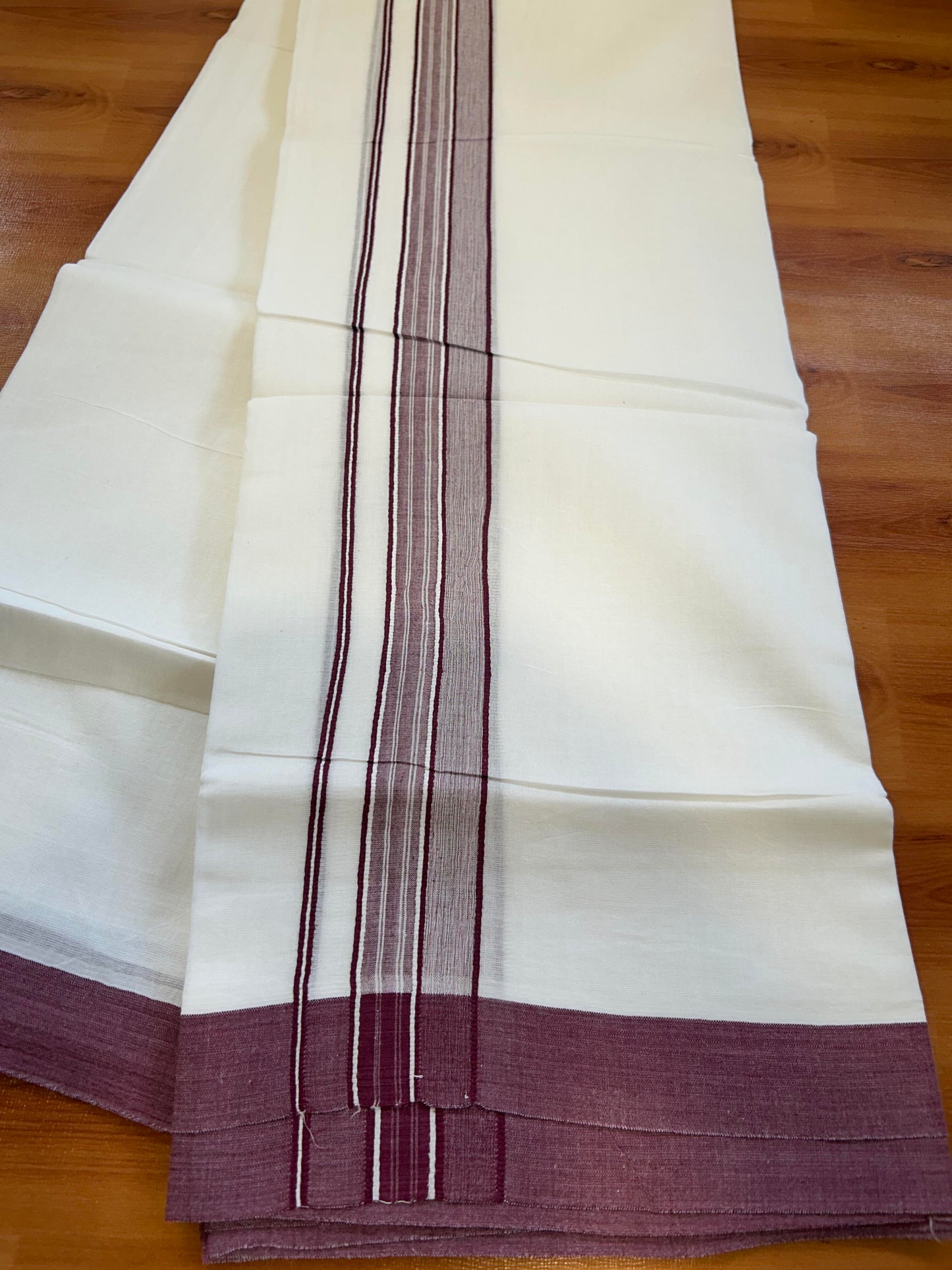Double Pure White Mundu/Dhoti -20% Discount ! KaithariKada Balaramapuram 100% Cotton - 60s - 1.75 Inch Wine Maroon Shaded Striped Kara - 3.80mtr ( 8 muzham) - 40 KK5398 PMC