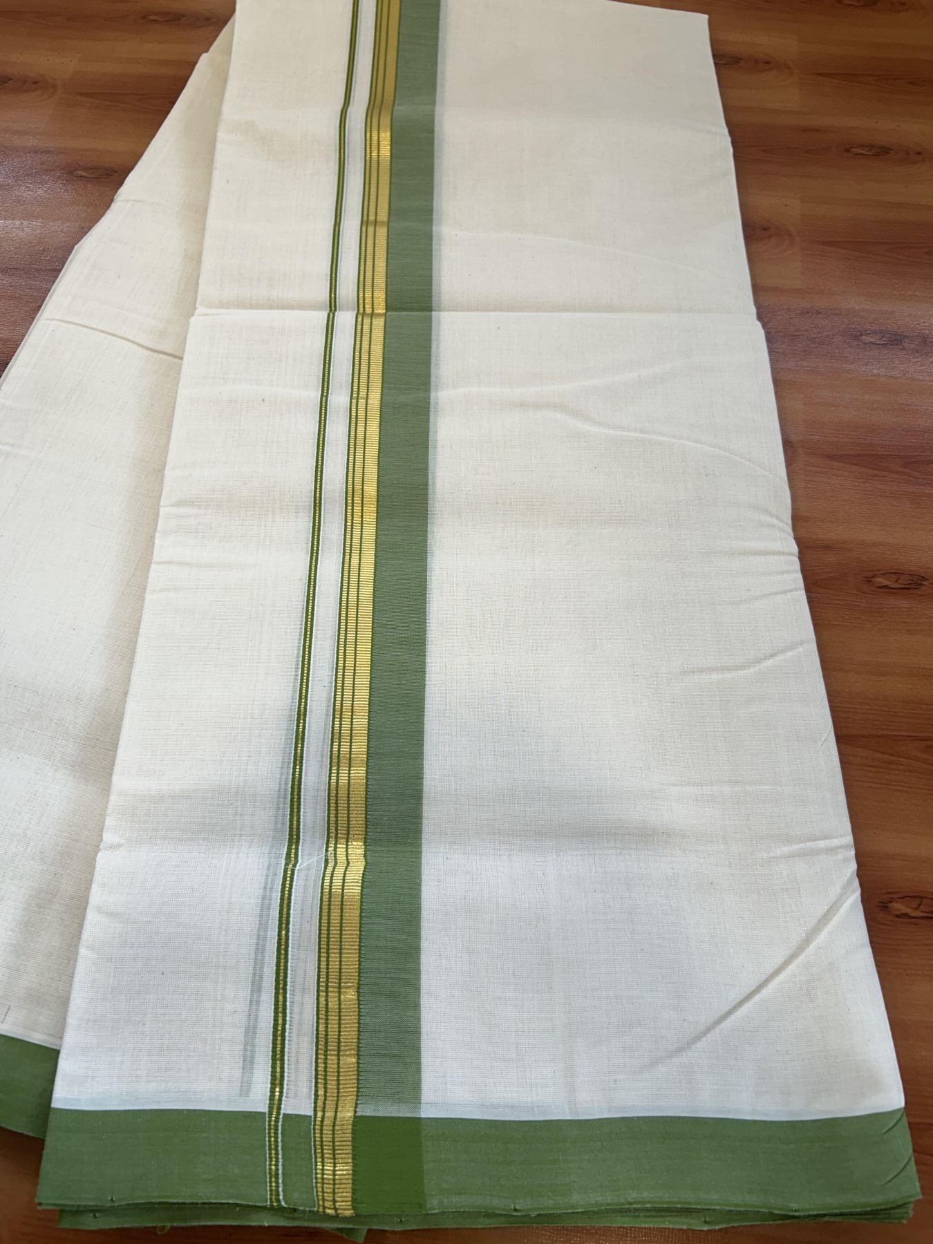 Double Off White (Unbleached) Mundu/Dhoti- 25% Discount! KaithariKada Handloom Millpaav - Kerala Handloom - Cotton - 80x90 - 1.25 inch Gold Kasav & Light Green Shaded Striped Kara 4.50 meter (10 Muzham) - 28 KK5396 RAM