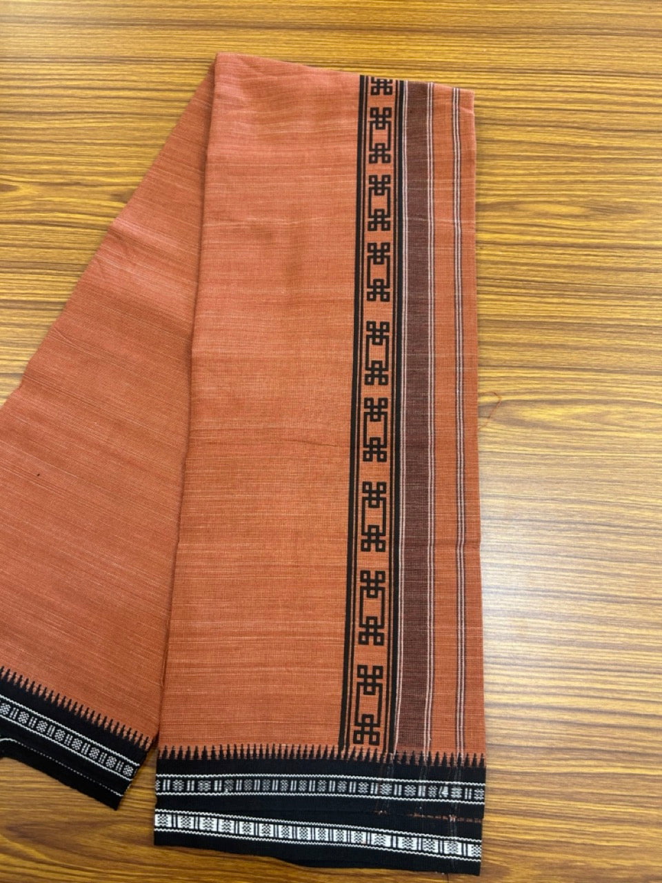 18% Discount!!! Kaitharikada Pure Cotton - Single Kaily / Lungi - 2.5 inch Black printed kuppadam kara with Kavi colour body - 12KK8019AS