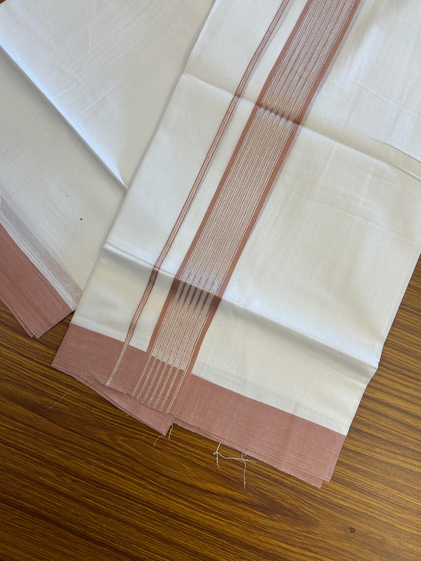 20% Discount ! KaithariKada Balaramapuram 100% Cotton Double Pure White Mundu/Dhoti - 100X80 - 1.25 inch Silver Kasav & Pastel Peach Shaded Stripes kara 4.00 mtr (8.5 muzham) - 45 KK5361 PMC