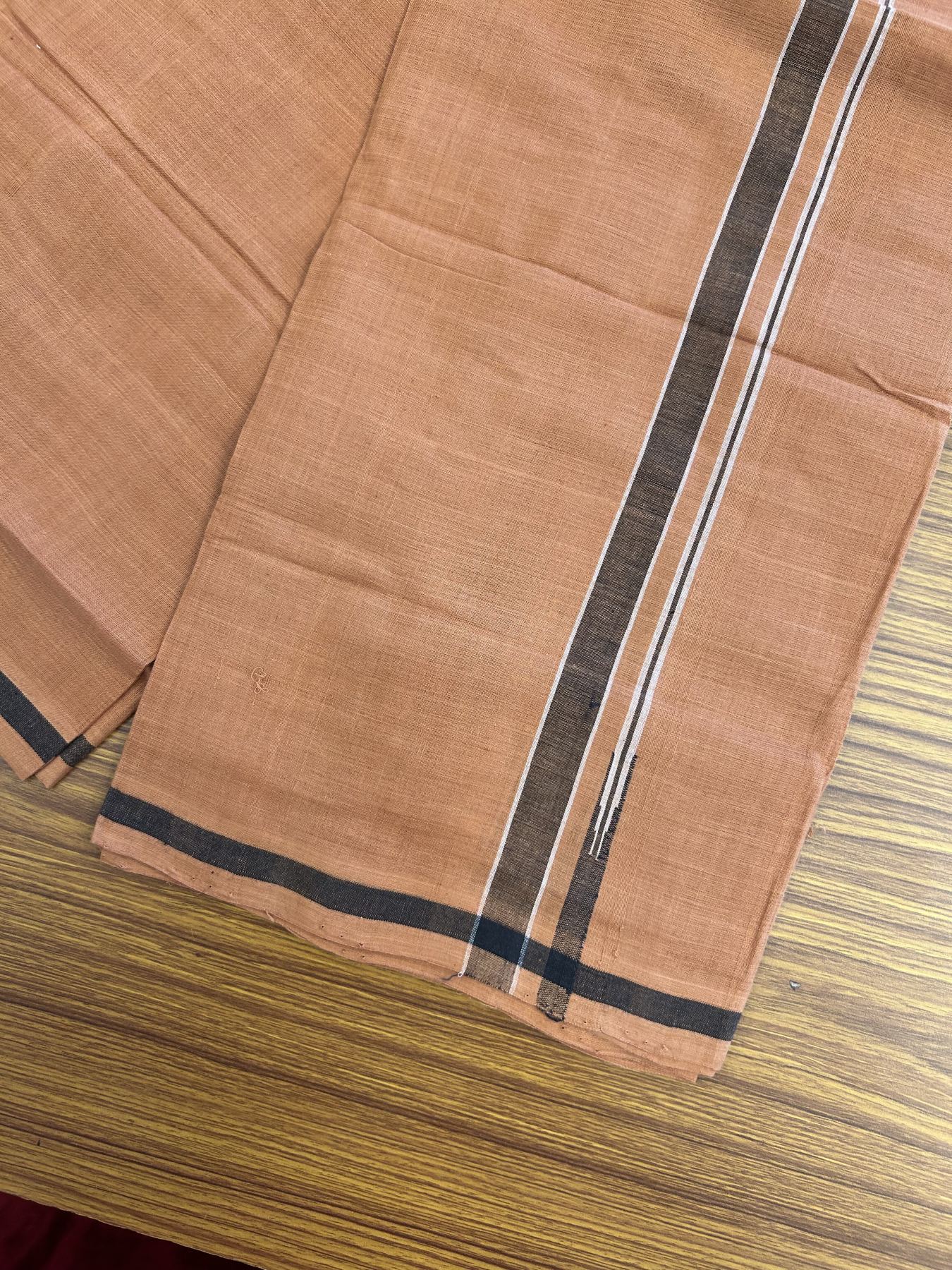 Kerala Handloom Single Hallmarked - 10% Discount !! KaithariKada 100% Pure Cotton - Mundu/Dhoti 1.5 cm Puliyilakkara Black & White Shaded Chutty Kara with Kavi colour Body - (2 meter / 4 muzham) - 8 KK8048 ELA