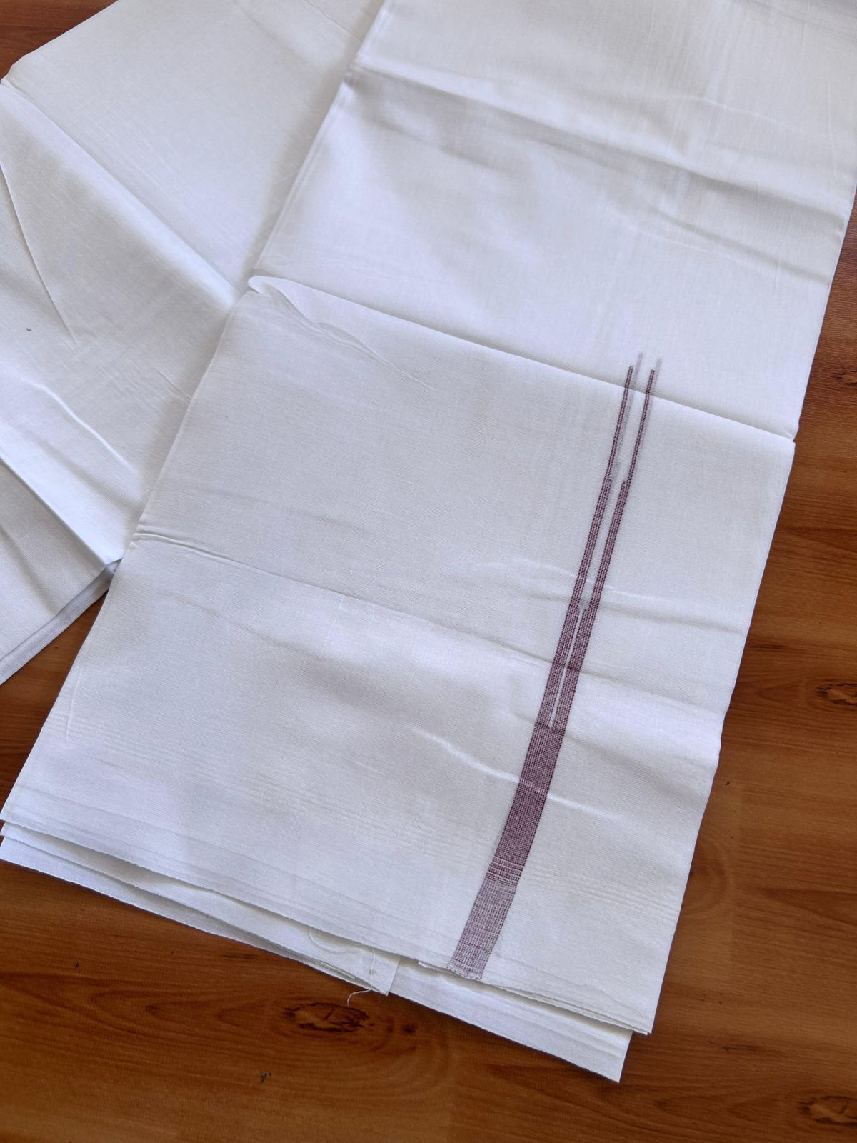 Double Pure White Mundu/Dhoti - 20% Discount !! KaithariKada Balaramapuram 100% Cotton - 100x80 - 0.5 inch Maroon Striped Chutty Kara 3.75 mtr (8 muzham) - 6 KK5515 CKS