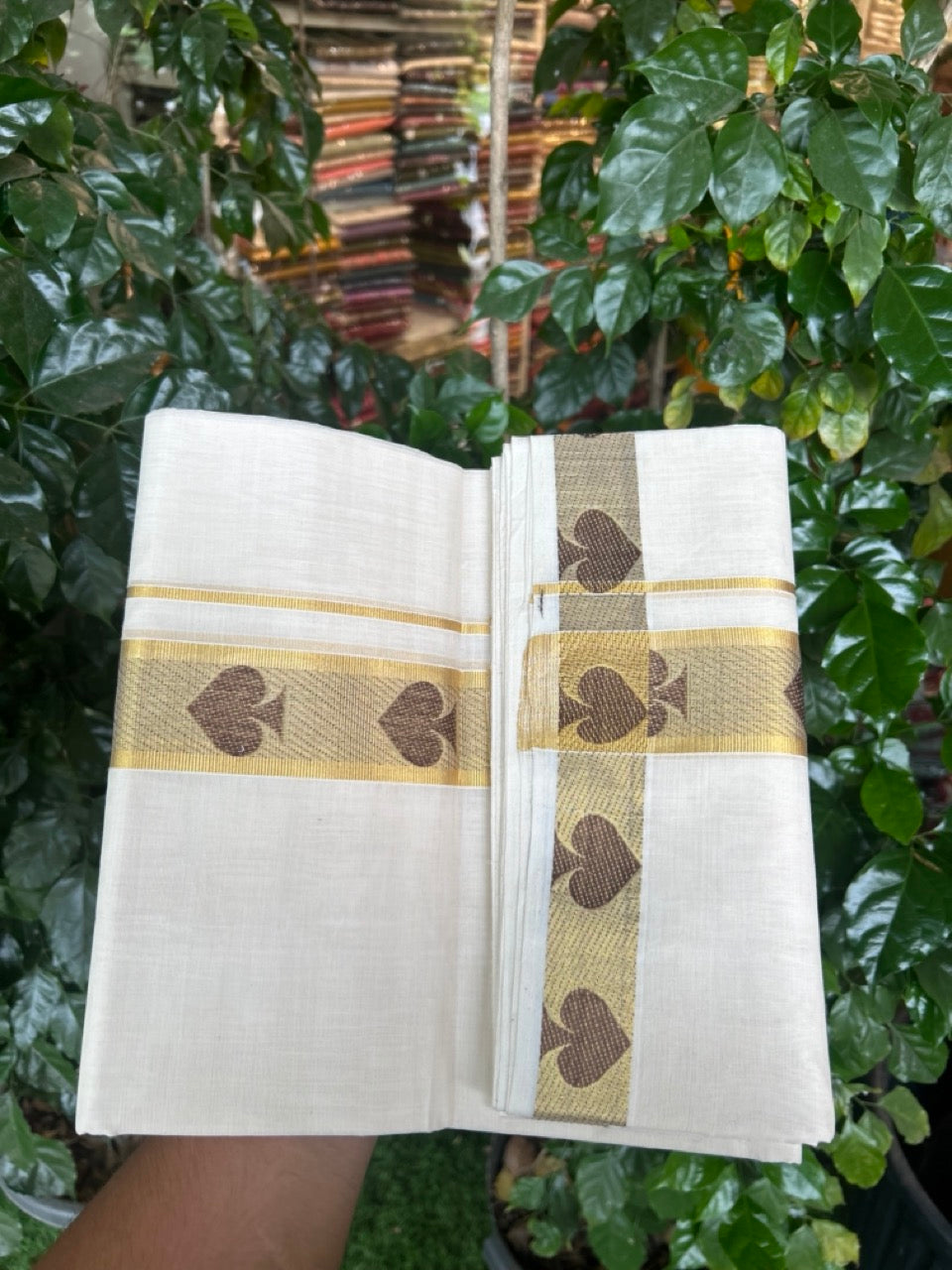 25% Discount ! Kaitharikada Handloom Unakkupaav Balaramapuram - 100% PURE Cotton OFF WHITE - (Unbleached) Double Mundu/Dhoti - 100x80 - 1.75 inch Gold Kasav & Brown Jacquard Design Kara 4 mtr (8.5 Muzham) - 14 KK5301 ABH