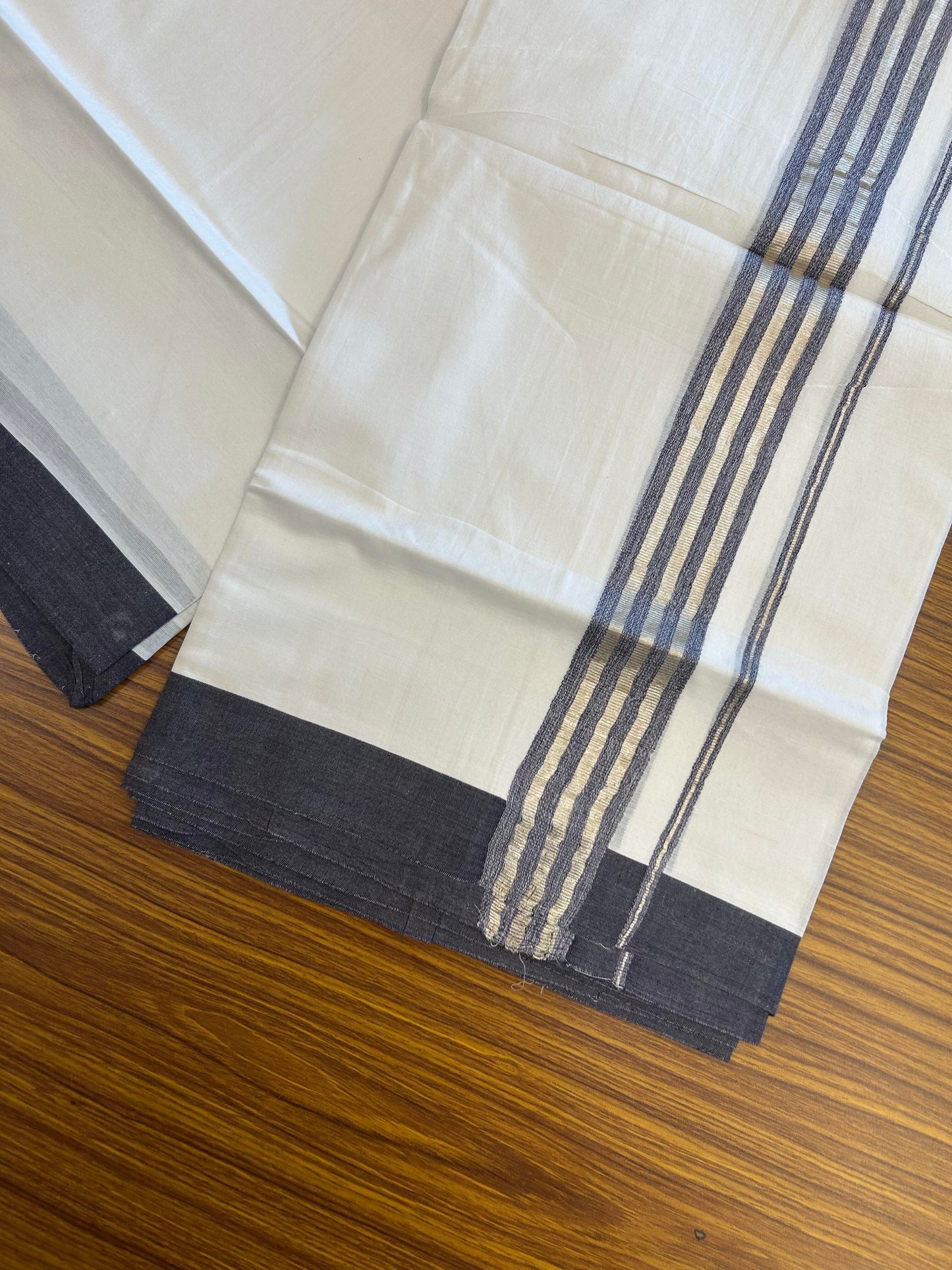 20% Discount ! KaithariKada Balaramapuram 100% Cotton Double Pure White Mundu/Dhoti - 100X80 - 1.5 inch Silver Kasav &Navy Blue Shaded Stripes kara 3.90 mtr (8 muzham) - 16 KK5361 PMC