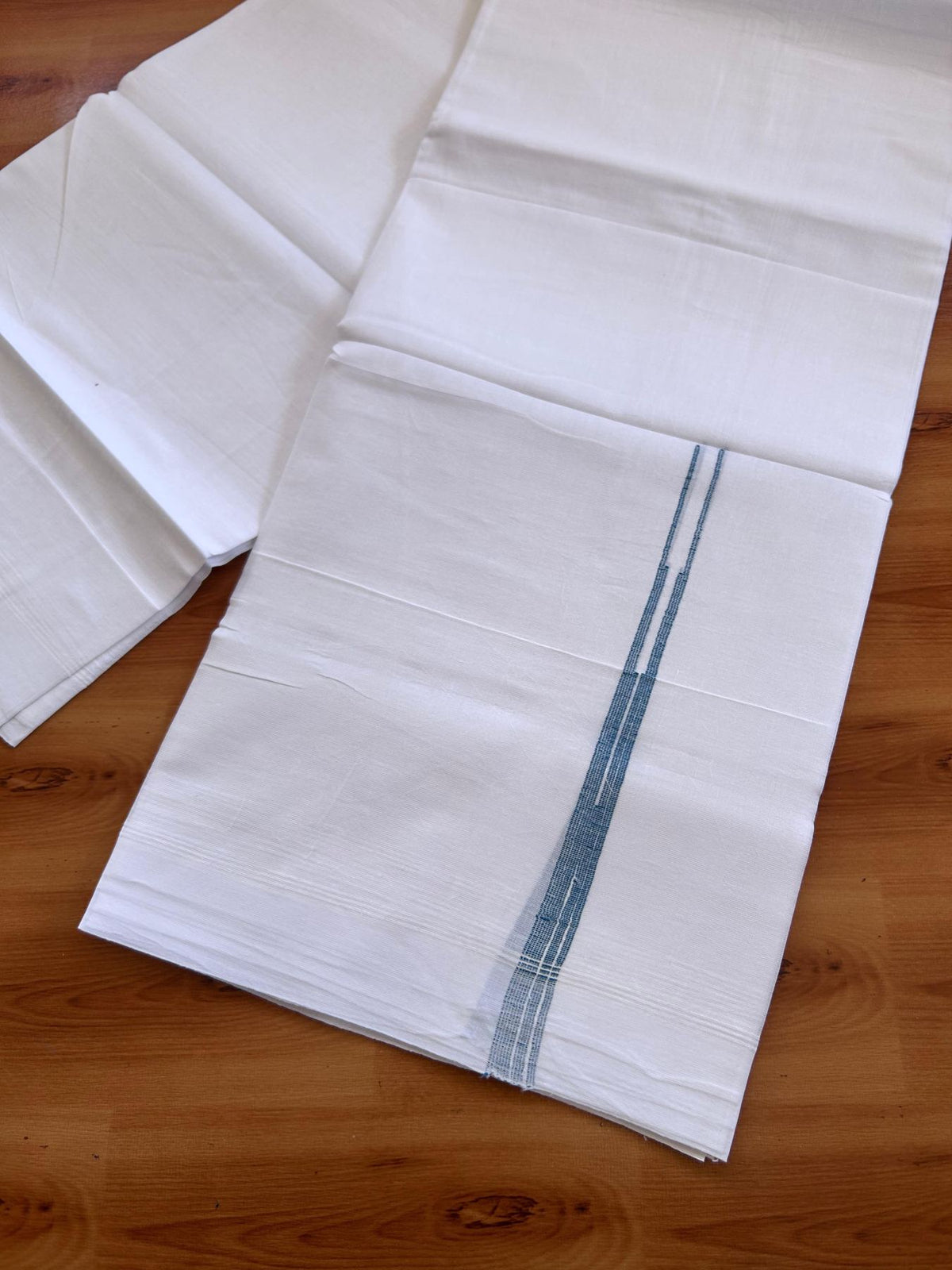 Double Pure White Mundu/Dhoti - 20% Discount !! KaithariKada Balaramapuram 100% Cotton - 100x80 - 0.5 inch Peacock Blue Striped Chutty Kara 3.75 mtr (8 muzham) - 7 KK5515 CKS