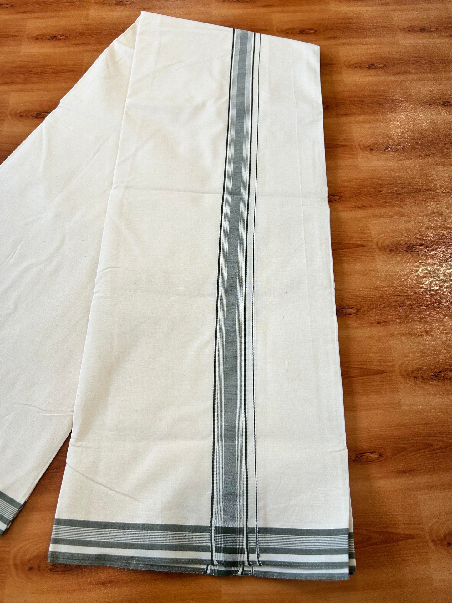 Single Dhoti / Mund Off white - 20% Discount ! KaithariKada 100% Cotton - (Unbleached) -Twisted 100s Thread- 1 inch Sage Green Striped Kara (2 meter / 4 muzham) - 11 KK5450 ASH
