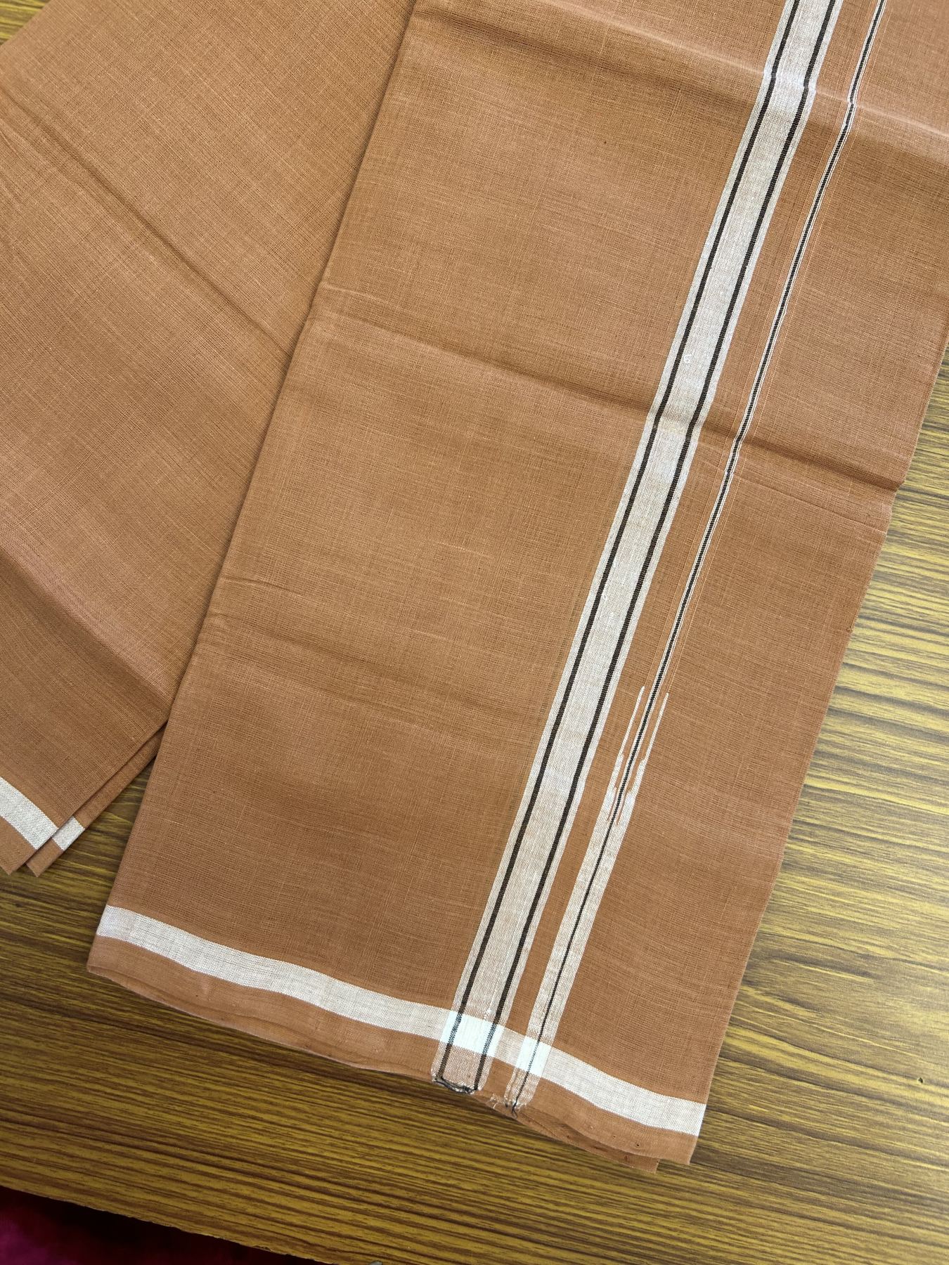 Kerala Handloom Single Hallmarked - 10% Discount !! KaithariKada 100% Pure Cotton - Mundu/Dhoti 2 cm Puliyilakkara Black & White Shaded Chutty Kara with Kavi colour Body - (2 meter / 4 muzham) - 10 KK8048 ELA