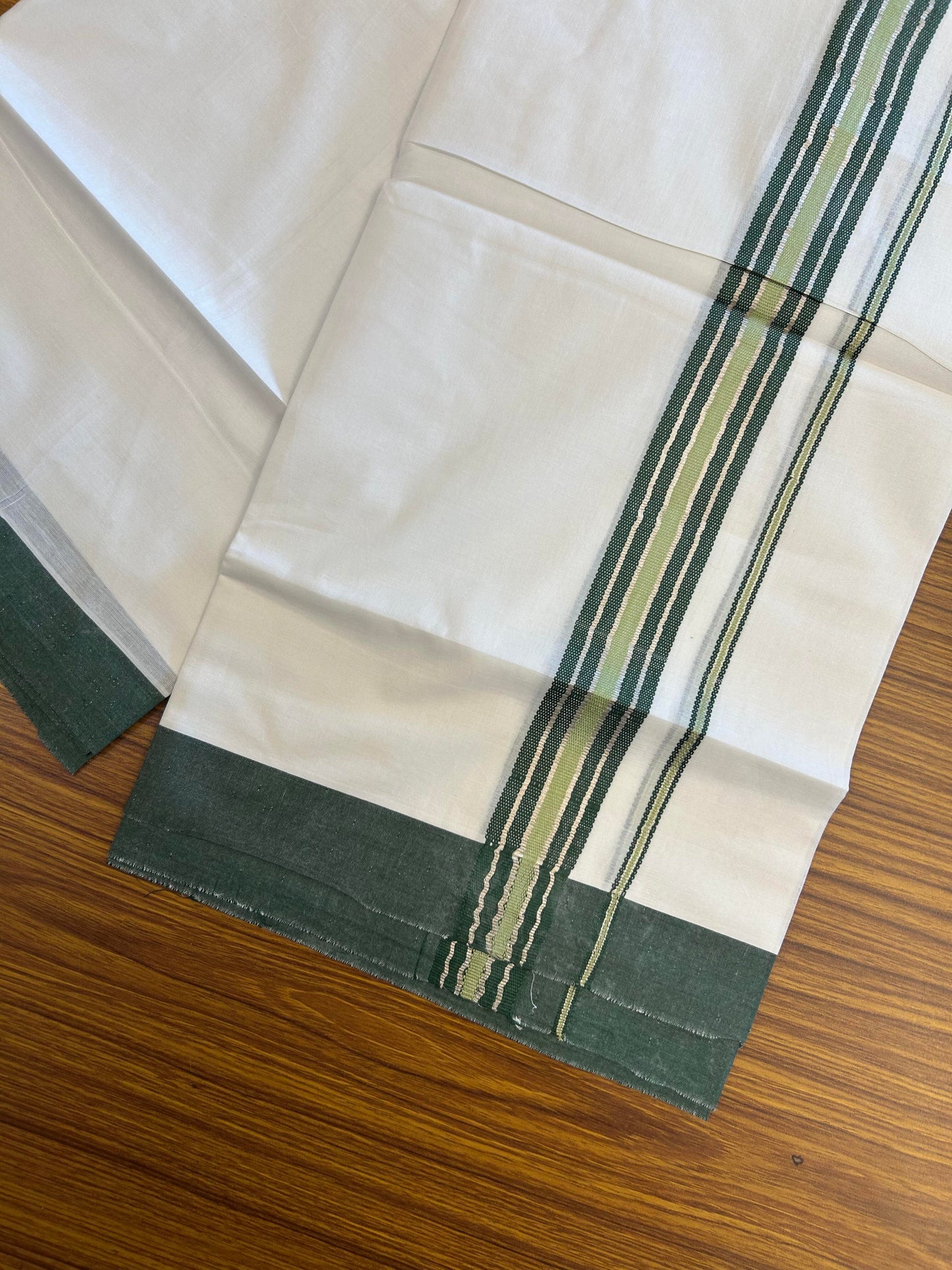 20% Discount ! KaithariKada Balaramapuram 100% Cotton Double Pure White Mundu/Dhoti - 100X80 - 2.25 inch Silver Kasav Green & Pista Green Stripes kara 3.90 mtr (8 muzham) - 12 KK5361 PMC