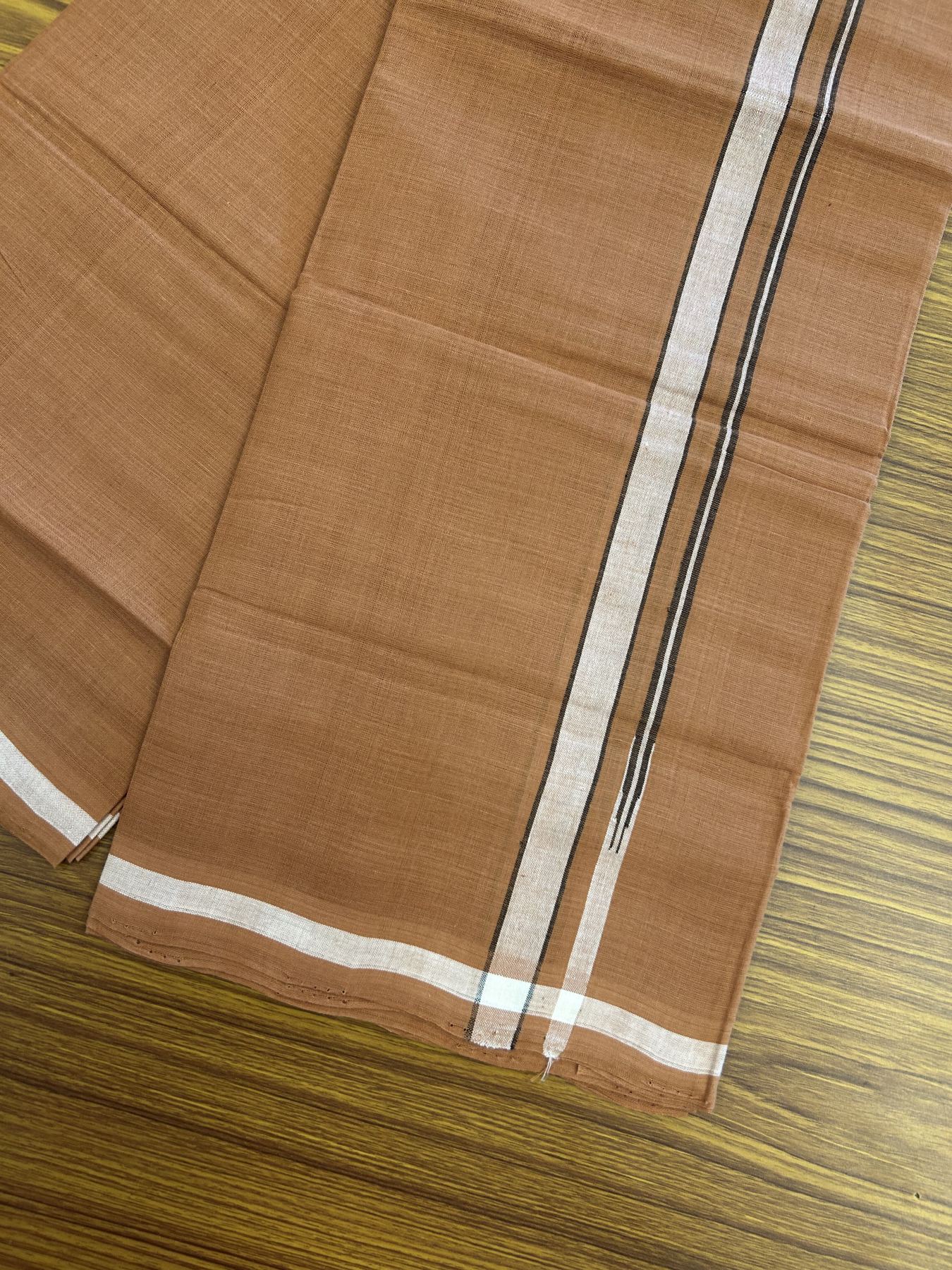 Kerala Handloom Single Hallmarked - 10% Discount !! KaithariKada 100% Pure Cotton - Mundu/Dhoti 2 cm Puliyilakkara Black & White Shaded Chutty Kara with Kavi colour Body - (2 meter / 4 muzham) - 11 KK8048 ELA