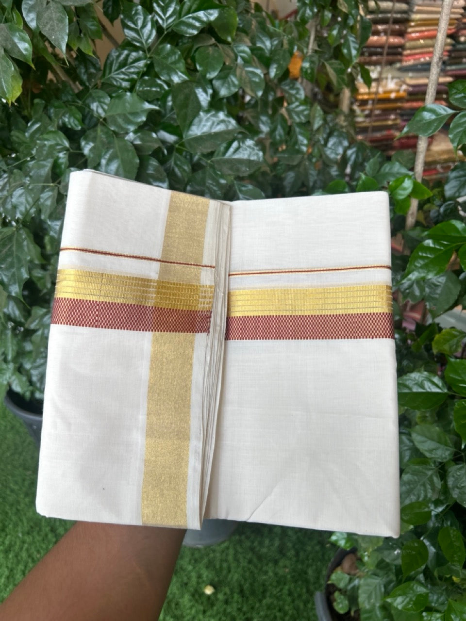 25% Discount ! Kaitharikada Handloom Unakkupaav Balaramapuram - 100% Pure Cotton Off White - (Unbleached) Double Mundu/Dhoti - 100x80 - 1.5 inch Gold Kasav & Maroon Jacquard Design Kara 4 mtr (8.5 Muzham) - 25 KK5301 ABH