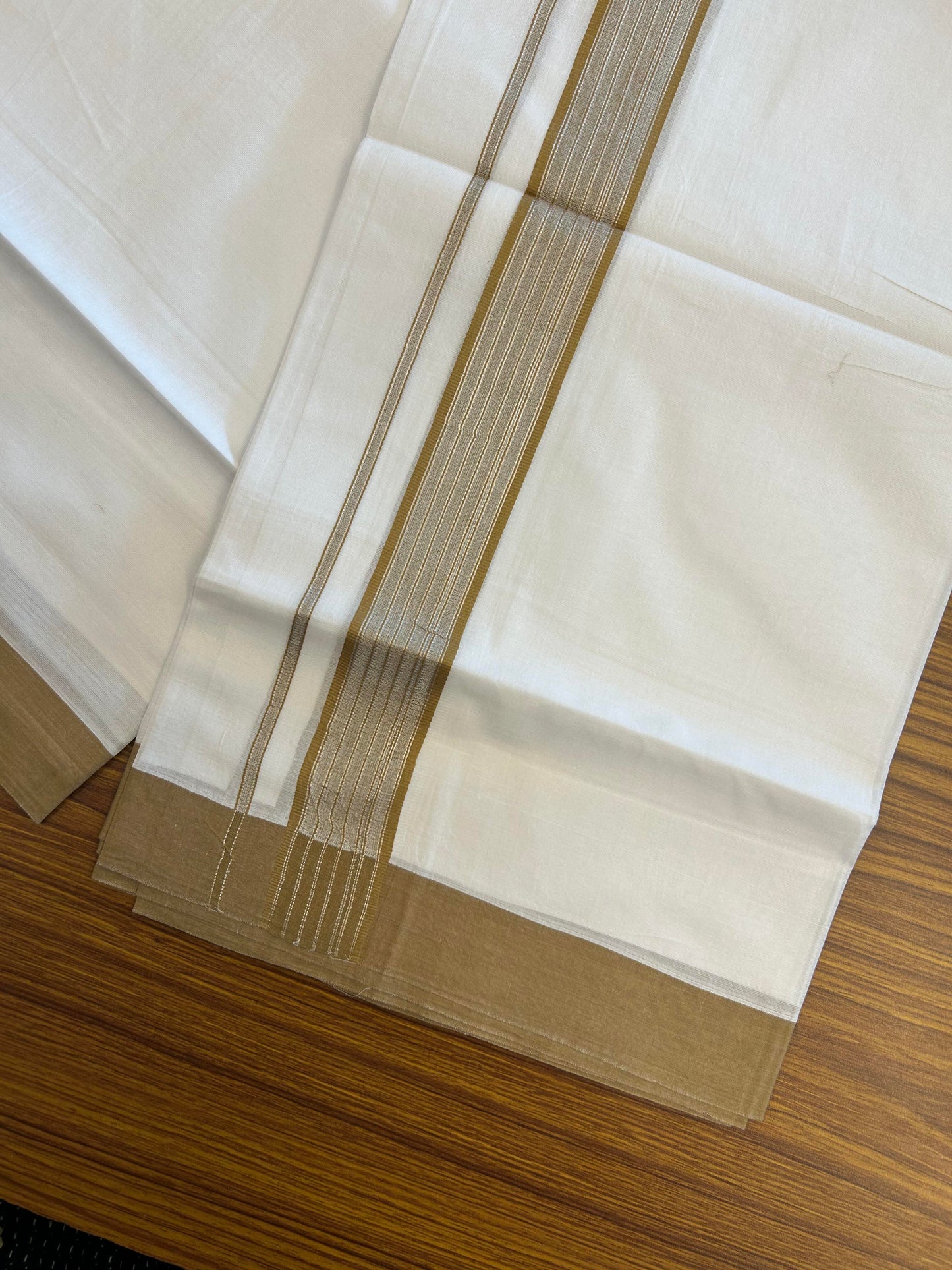 20% Discount ! KaithariKada Balaramapuram 100% Cotton Double Pure White Mundu/Dhoti - 100X80 - 1.25 inch Silver Kasav & Peanut Brown Shaded Stripes kara 4.00 mtr (8.5 muzham) - 46 KK5361 PMC