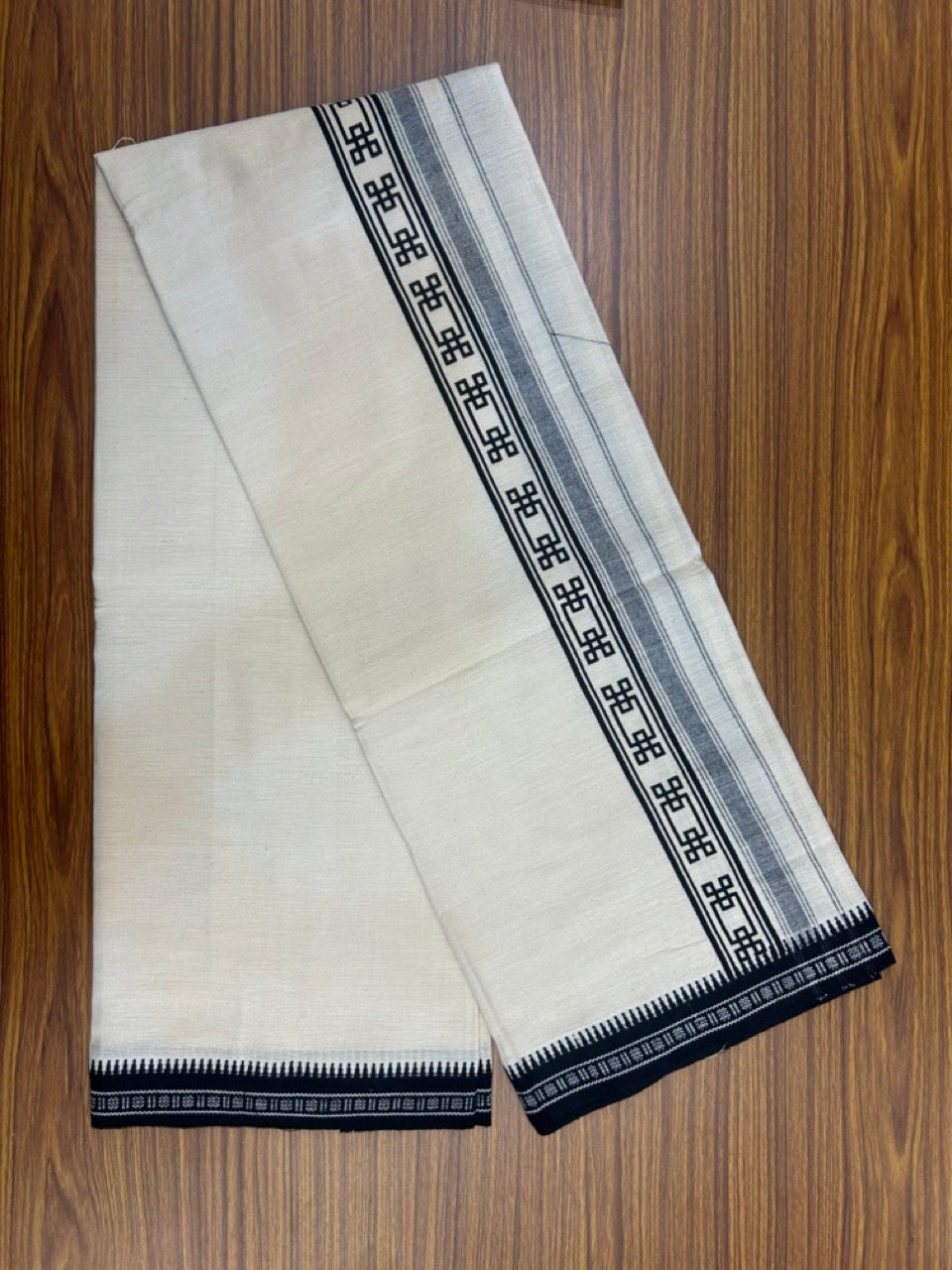 12% Discount !! Kaitharikada Pure Cotton Single OFF WHITE - (Unbleached) Kaily / Lungi - 2.25 inch Black Striped Printed kara Kuppadam Border with OFF WHITE colour body (2 meter / 4 muzham)- 20KK8019AS