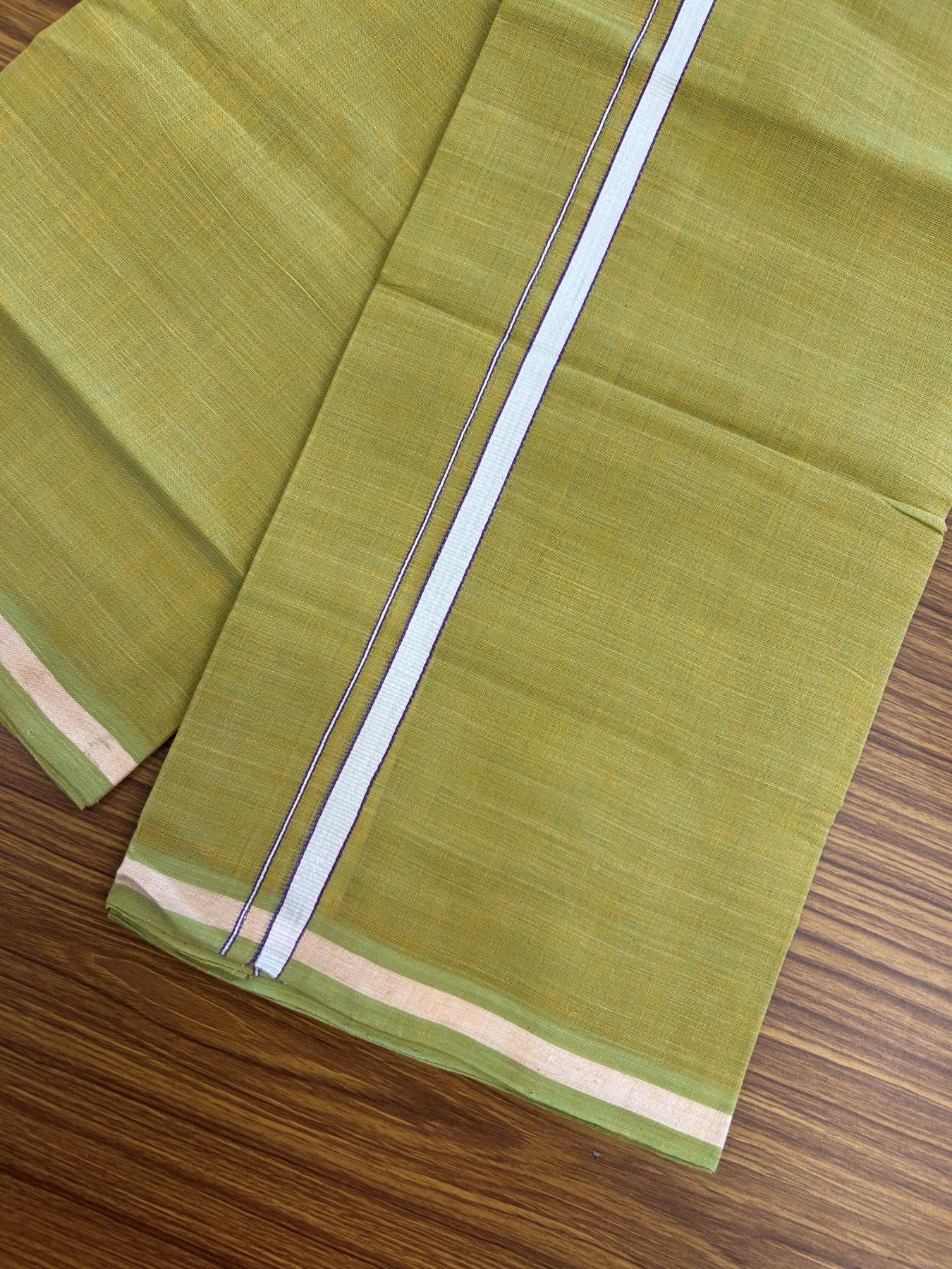 Kerala Handloom Single Hallmarked - 10% Discount !! KaithariKada 100% Pure Cotton - Mundu/Dhoti Orange & Parrot Green Body - 0.5 inch White & Purple Stripes Kara - (2 meter / 4 muzham) - 29 KK8048 ELA