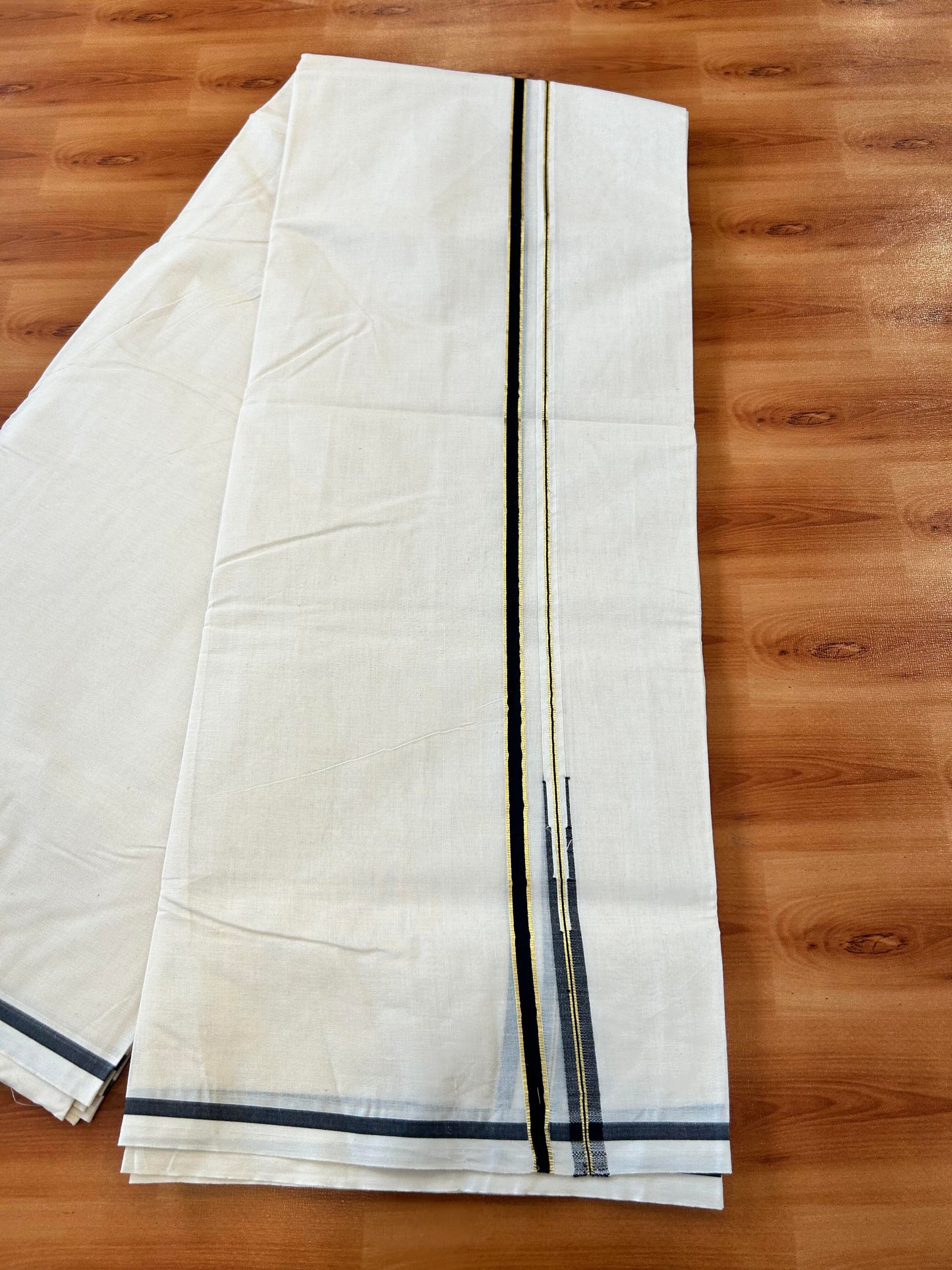 Double Off white Mundu/Dhoti - 20% Discount! KaithariKada 100% Cotton - 100x100 - 1 cm Puliyilakkara Gold Kasav & Black Chutty Kara 4 mtr (8.5 muzham) - 1 KK5450 ASH