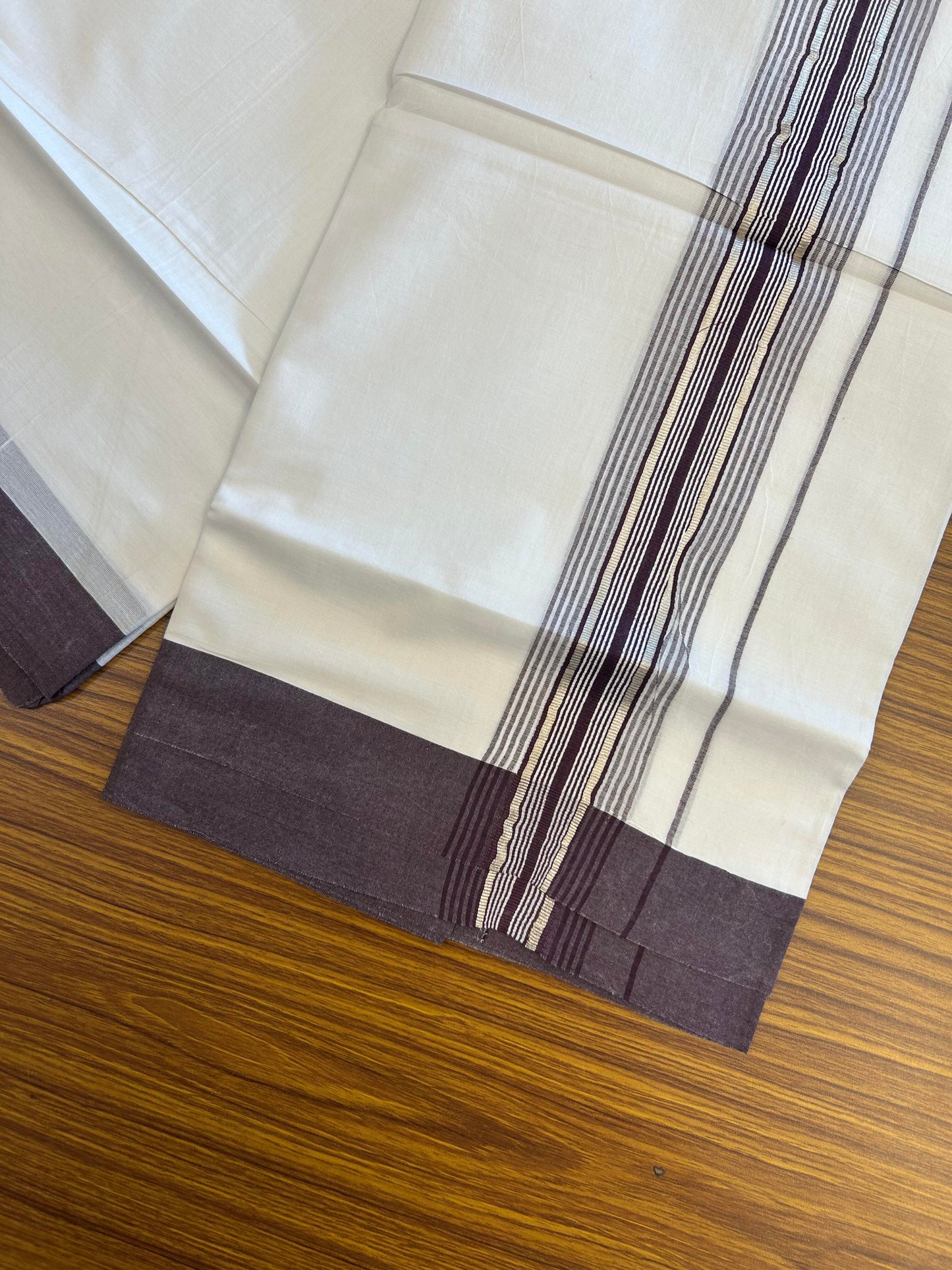 20% Discount ! KaithariKada Balaramapuram 100% Cotton Double Pure White Mundu/Dhoti - 100X80 - 2.25 inch Silver Kasav & Wine Purple Stripes kara 3.90 mtr (8 muzham) - 6 KK5361 PMC
