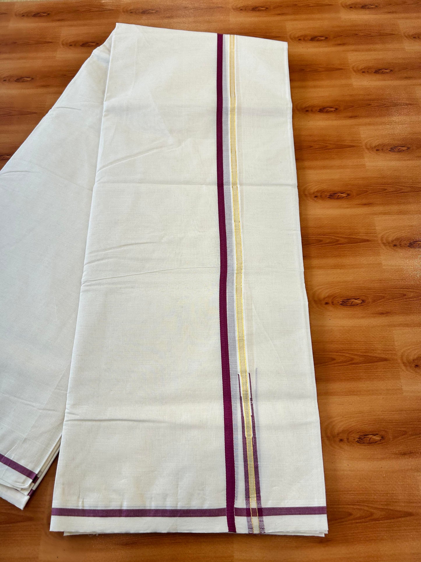 Double Off white Mundu/Dhoti - 20% Discount! KaithariKada 100% Cotton - 100x100 - 1 cm Puliyilakkara Gold Kasav & Magenta Chutty Kara 4 mtr (8.5 muzham) - 2 KK5450 ASH