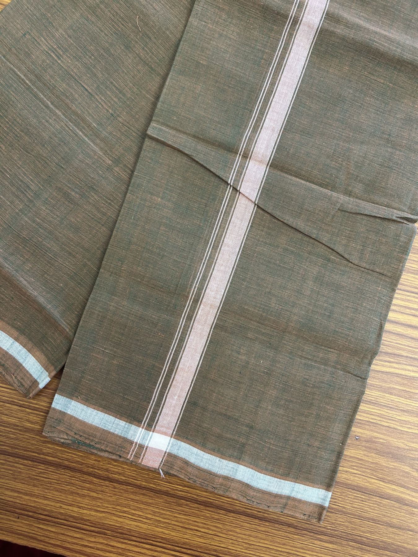 Kerala Handloom Single Hallmarked - 10% Discount !! KaithariKada 100% Pure Cotton - Mundu/Dhoti Brownish Green Body - 2 cm White Stripes Kara - (2 meter / 4 muzham) - 51 KK8048 ELA