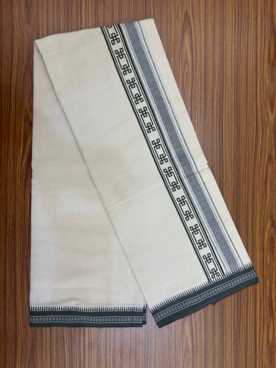 12% Discount !! Kaitharikada Pure Cotton Single OFF WHITE - (Unbleached) Kaily / Lungi - 2.5 inch Sage Green Striped Printed kara Kuppadam Border with OFF WHITE colour body (2 meter / 4 muzham)- 24KK8019AS
