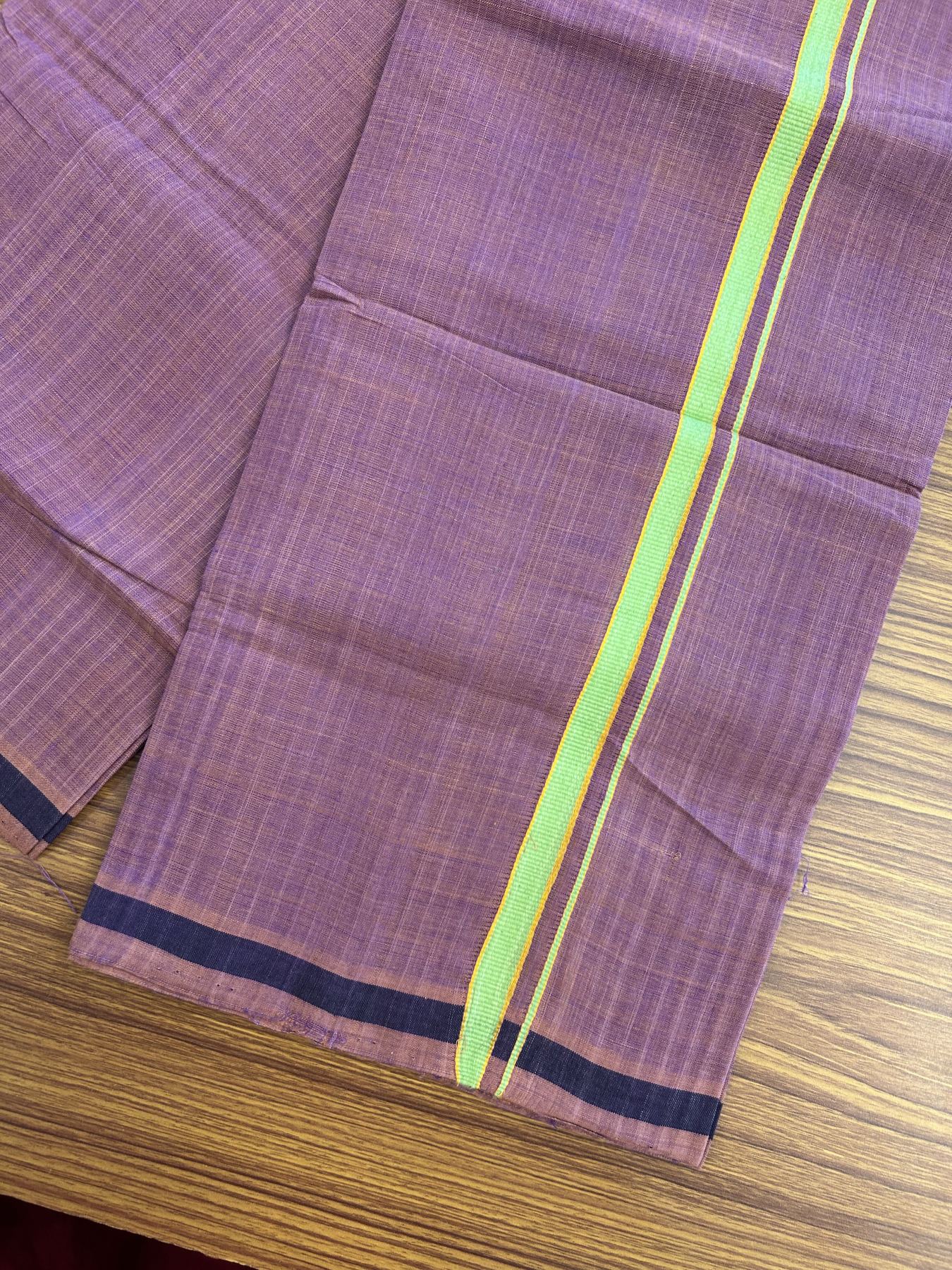 Kerala Handloom Single Hallmarked - 10% Discount !! KaithariKada 100% Pure Cotton - Mundu/Dhoti Purple Brown Body - 1.5 cm Green & Yellow Stripes Kara - (2 meter / 4 muzham) - 44 KK8048 ELA