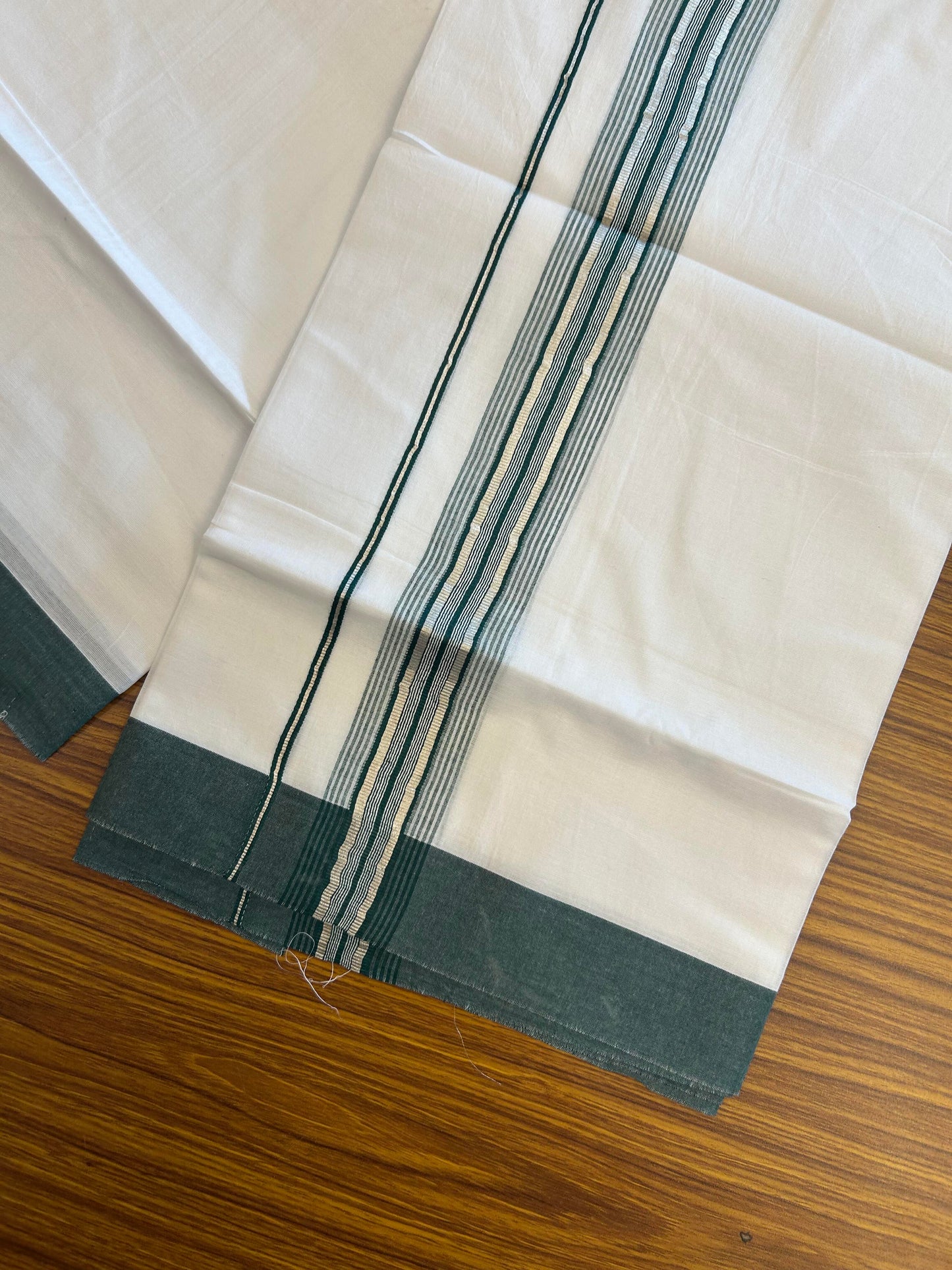 20% Discount ! KaithariKada Balaramapuram 100% Cotton Double Pure White Mundu/Dhoti - 100X80 - 2.25 inch Silver Kasav & Bottle Green Stripes kara 3.90 mtr (8 muzham) - 7 KK5361 PMC