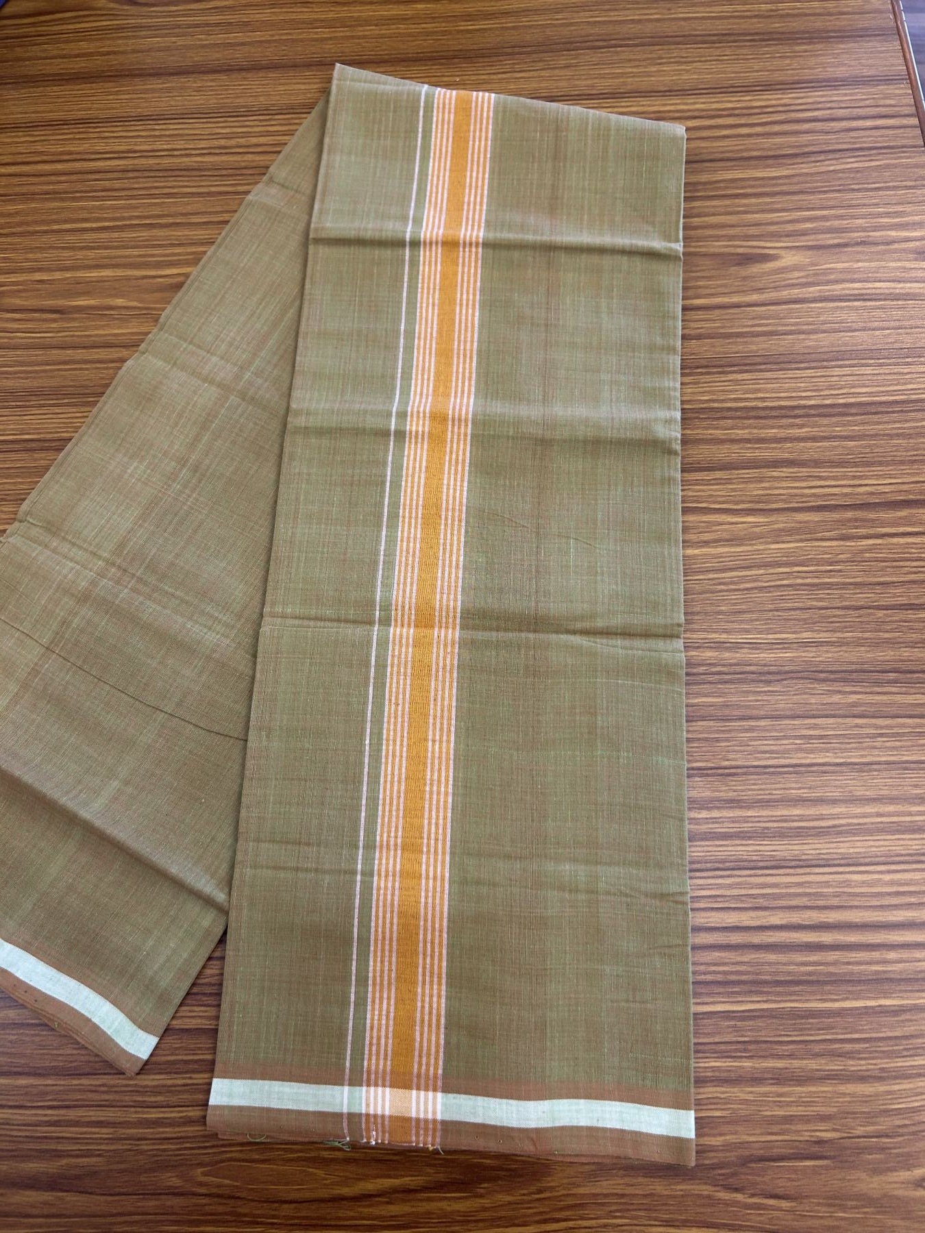 Kerala Handloom Single Hallmarked - 10% Discount !! KaithariKada 100% Pure Cotton - Mundu/Dhoti Orange & Parrot Green Body - 1.5 inch Orange & White Stripes Kara - (2 meter / 4 muzham) - 31 KK8048 ELA