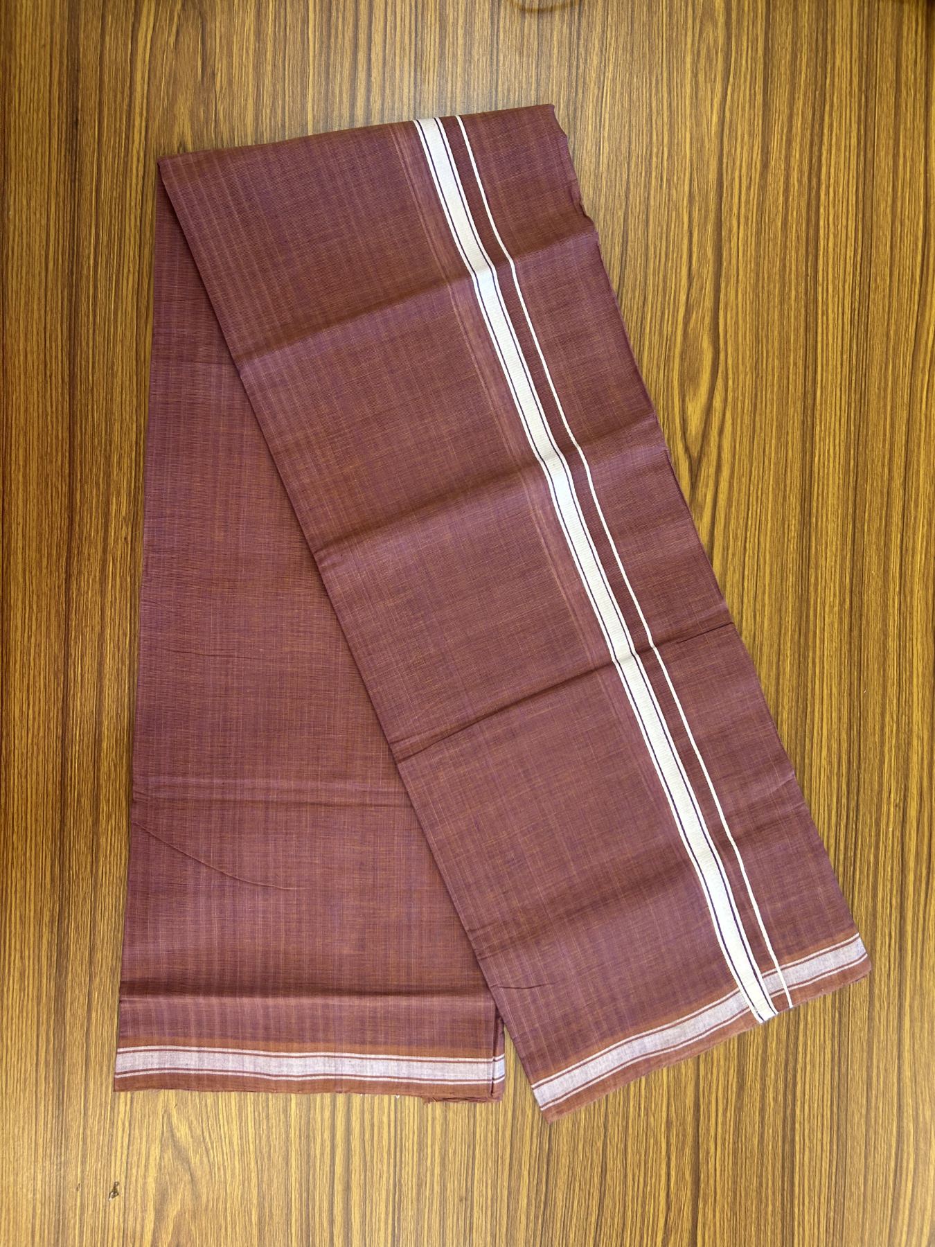Kerala Handloom Single Hallmarked - 10% Discount !! KaithariKada 100% Pure Cotton - Mundu/Dhoti Purple Brown Body - 1.5 cm Purple & White stripes Kara - (2 meter / 4 muzham) - 42 KK8048 ELA