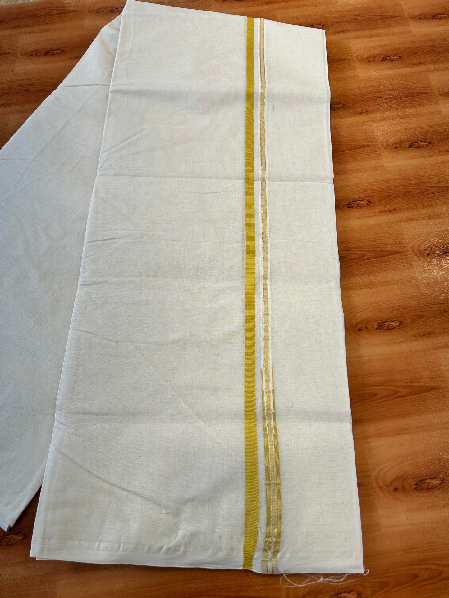 Double Off white Mundu/Dhoti - 20% Discount! KaithariKada 100% Cotton - 100x100 - 1 cm Puliyilakkara Gold Kasav & Mustard Yellow Chutty Kara 4 mtr (8.5 muzham) - 7 KK5450 ASH