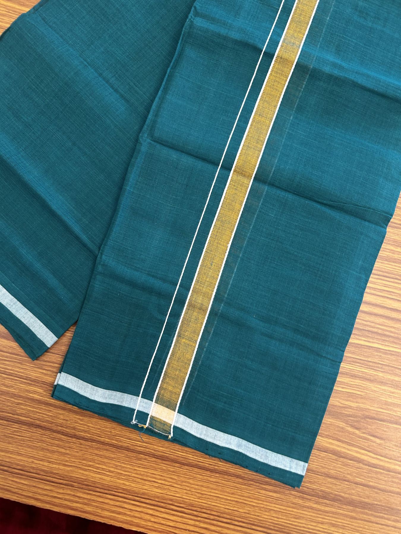 Kerala Handloom Single Hallmarked - 10% Discount !! KaithariKada 100% Pure Cotton - Mundu/Dhoti Pine Green Body - 1 inch Orange & white Stripes Kara - (2 meter / 4 muzham) - 47 KK8048 ELA