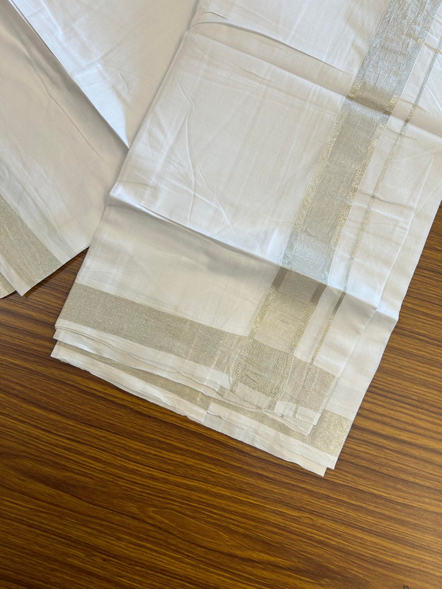 20% Discount! KaithariKada Balaramapuram 100% Cotton Double Pure White Mundu/Dhoti - 100x80 - 1.5 inch Silver Kasavu shaded Kara - 3.90 Mtr (8 Muzham) - 30 KK5361 PMC