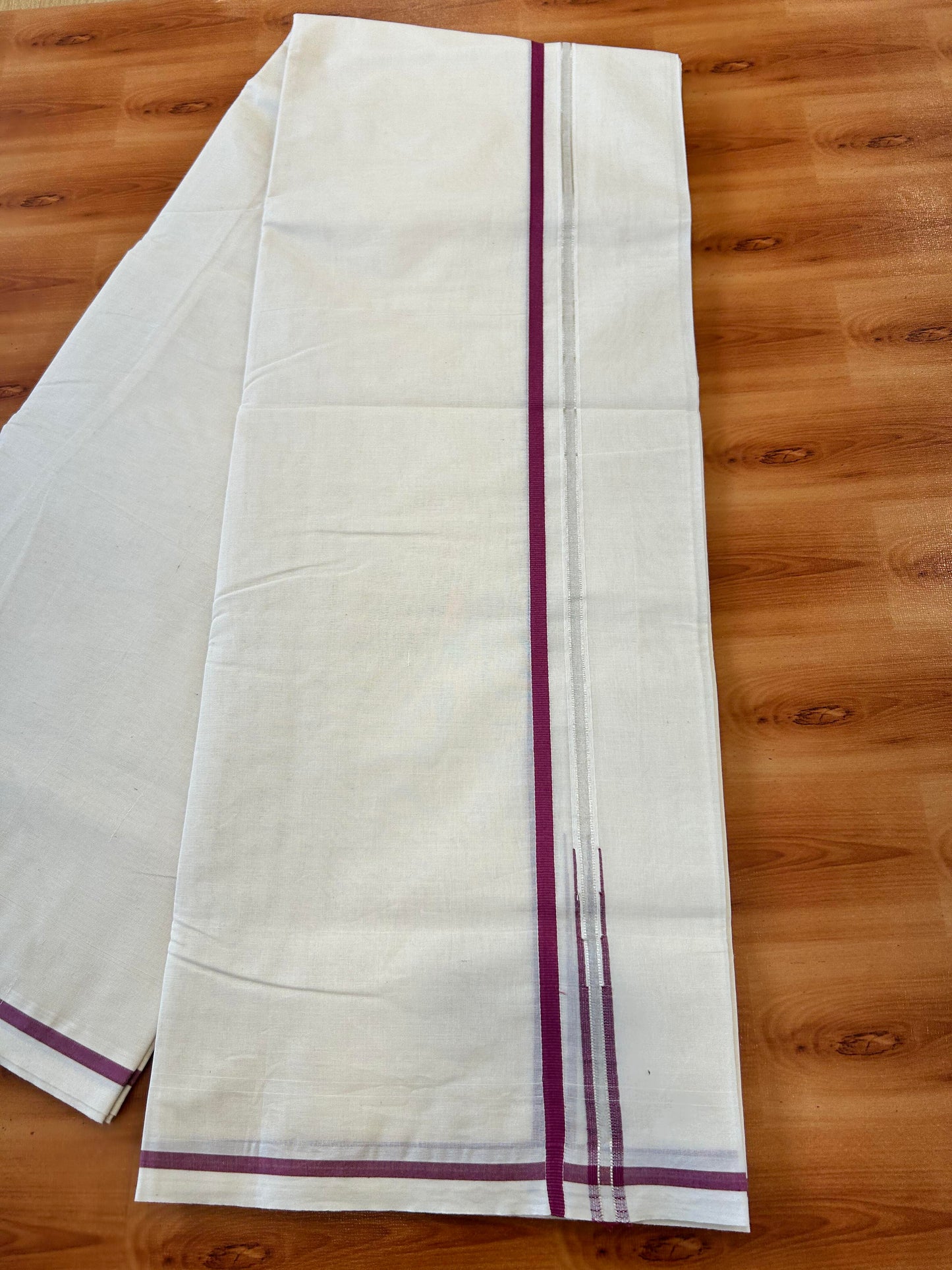 Double Off white Mundu/Dhoti - 20% Discount! KaithariKada 100% Cotton - 100x100 - 1 cm Puliyilakkara Silver Kasav & Magenta Chutty Kara 4 mtr (8.5 muzham) - 8 KK5450 ASH