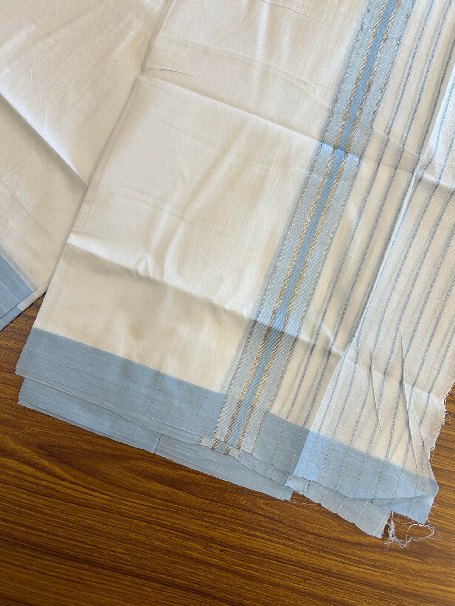 20% Discount ! KaithariKada Balaramapuram 100% Cotton Double Pure White Mundu/Dhoti - 100X80 - 7 inch Silver Kasav & Sky Blue Stripes kara 3.90 mtr (8 muzham) - 1 KK5361 PMC