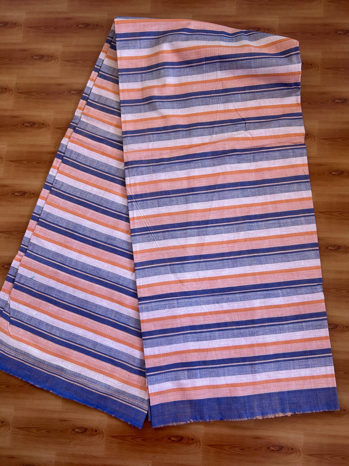 Handloom Bedsheet - Pure Cotton - 10% Discount !! Kaitharikada - Peach Orange Blue & White Striped Body - 5 KK10000 KAL