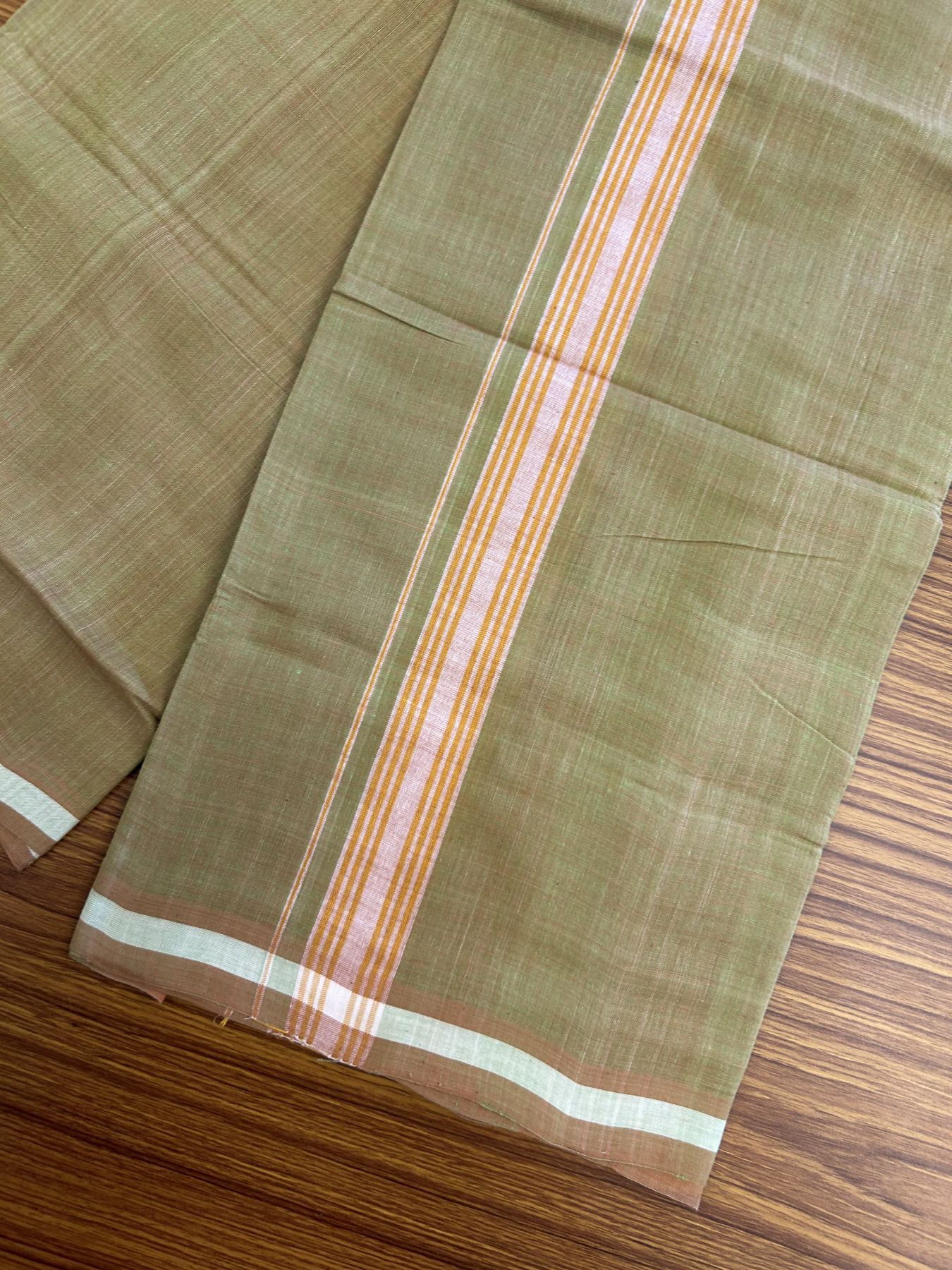 Kerala Handloom Single Hallmarked - 10% Discount !! KaithariKada 100% Pure Cotton - Mundu/Dhoti Brownish Green Body - 1.25 inch Orange & White Stripes Kara - (2 meter / 4 muzham) - 34 KK8048 ELA