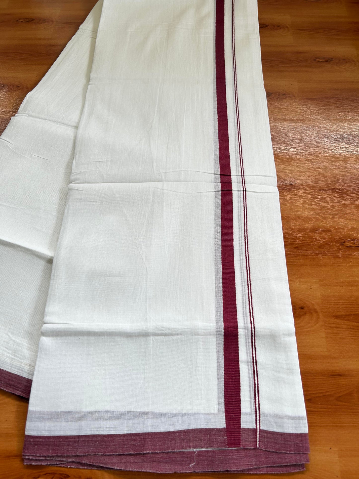 Double Pure White Mundu/Dhoti -20% Discount ! KaithariKada Balaramapuram 100% Cotton - 60s - 0.5 Inch Maroon Shaded Striped Kara - 3.80mtr ( 8 muzham) - 58 KK5398 PMC