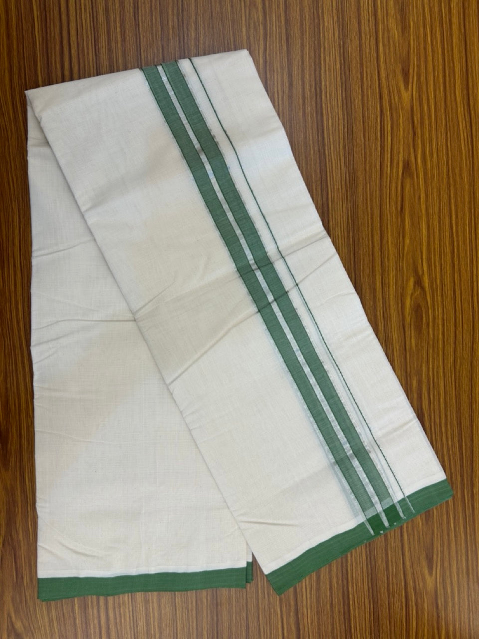 25% Discount!! KaithariKada Handloom Millpaav Balaramapuram - 100% Pure Cotton Off White Double - (Unbleached) Mundu/Dothi -80x90 - 1.75 Inch Silver Kasav & Green Stripes kara 4mtr (8.5 muzham) - 11 KK5264 RAM