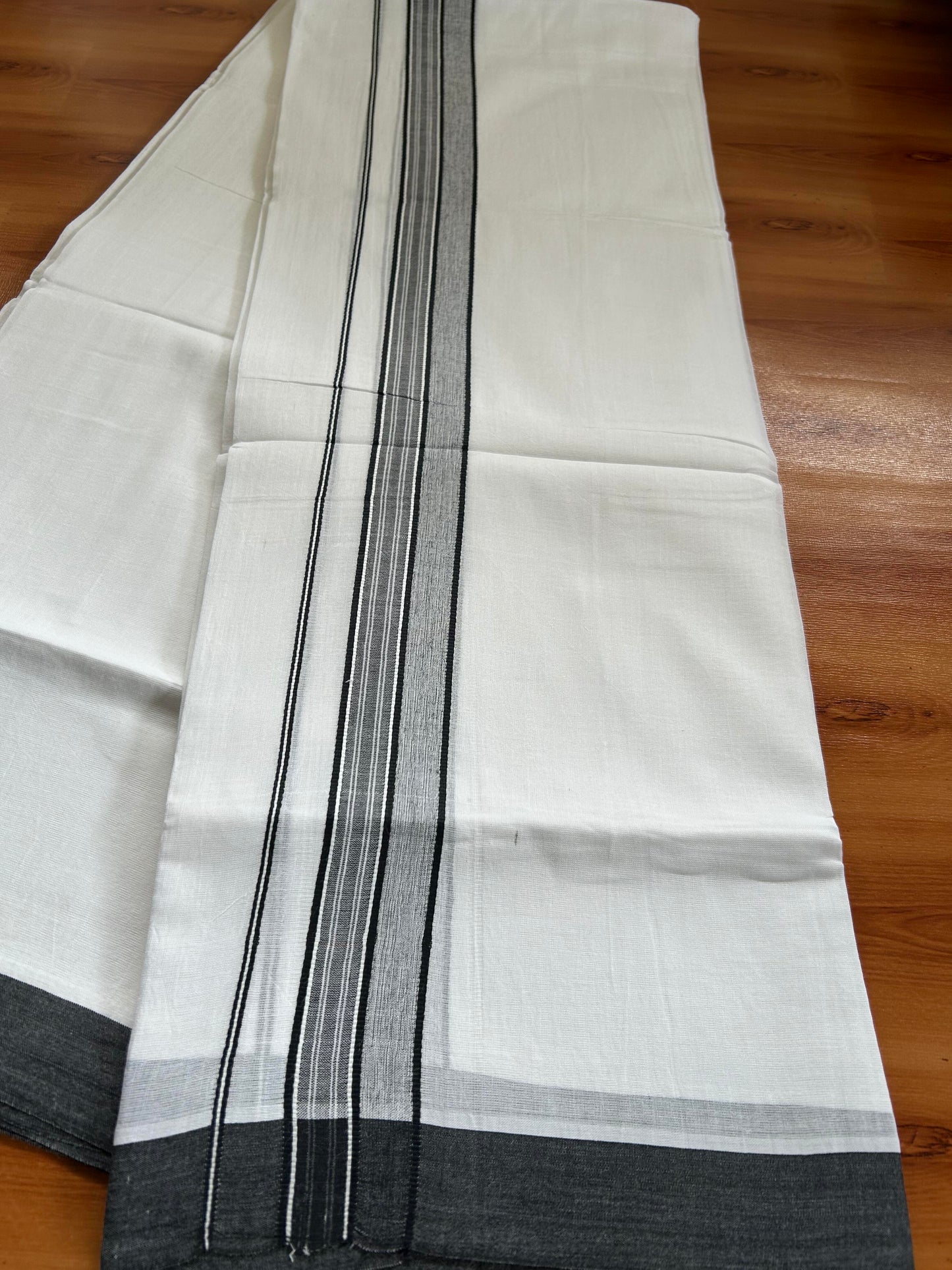 Double Pure White Mundu/Dhoti -20% Discount ! KaithariKada Balaramapuram 100% Cotton - 60s - 1.75 Inch Black Shaded Striped Kara - 3.80mtr ( 8 muzham) - 47 KK5398 PMC