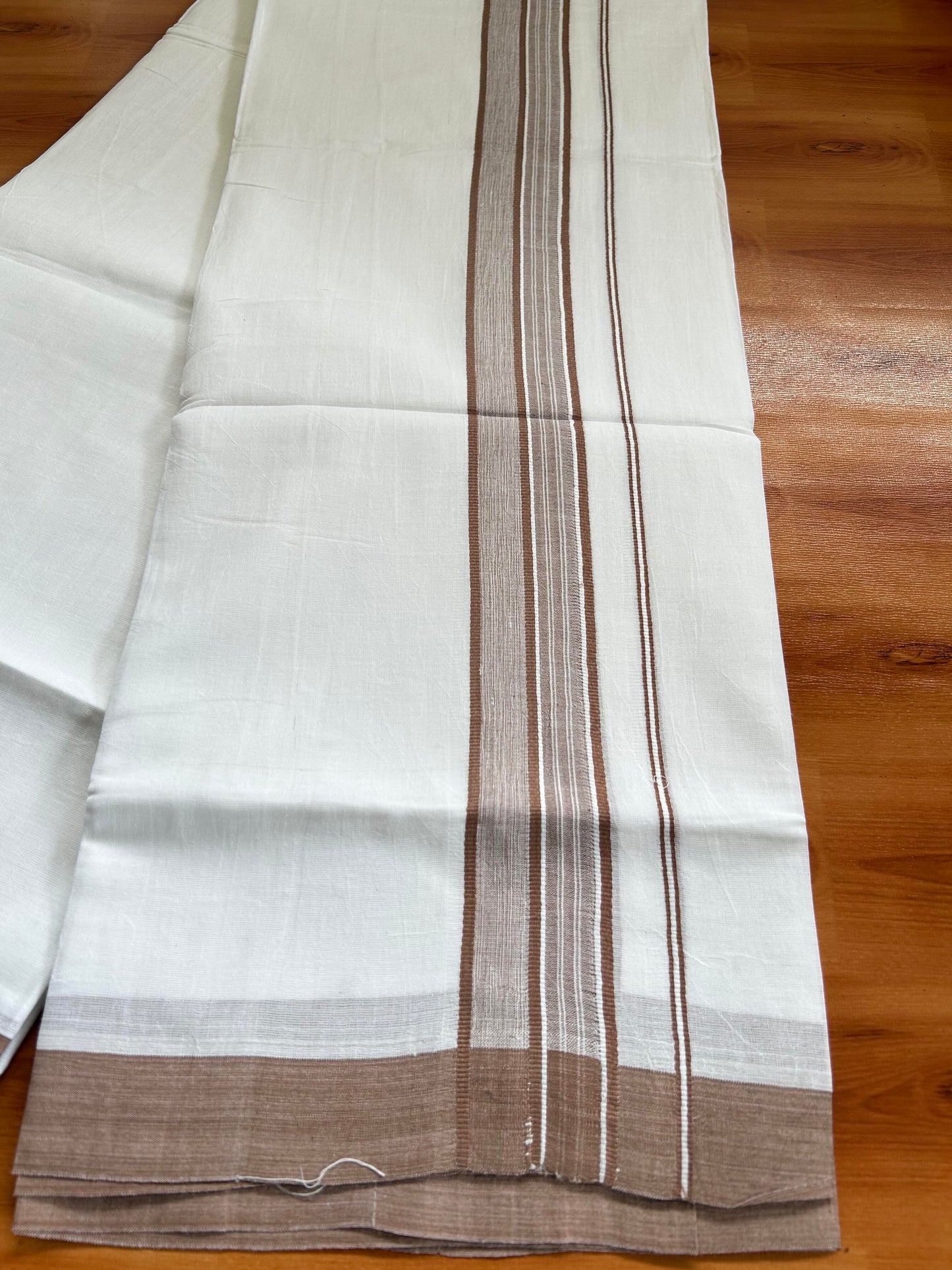 Double Pure White Mundu/Dhoti -20% Discount ! KaithariKada Balaramapuram 100% Cotton - 60s - 1.75 Inch Brown Shaded Striped Kara - 3.80mtr ( 8 muzham) - 45 KK5398 PMC