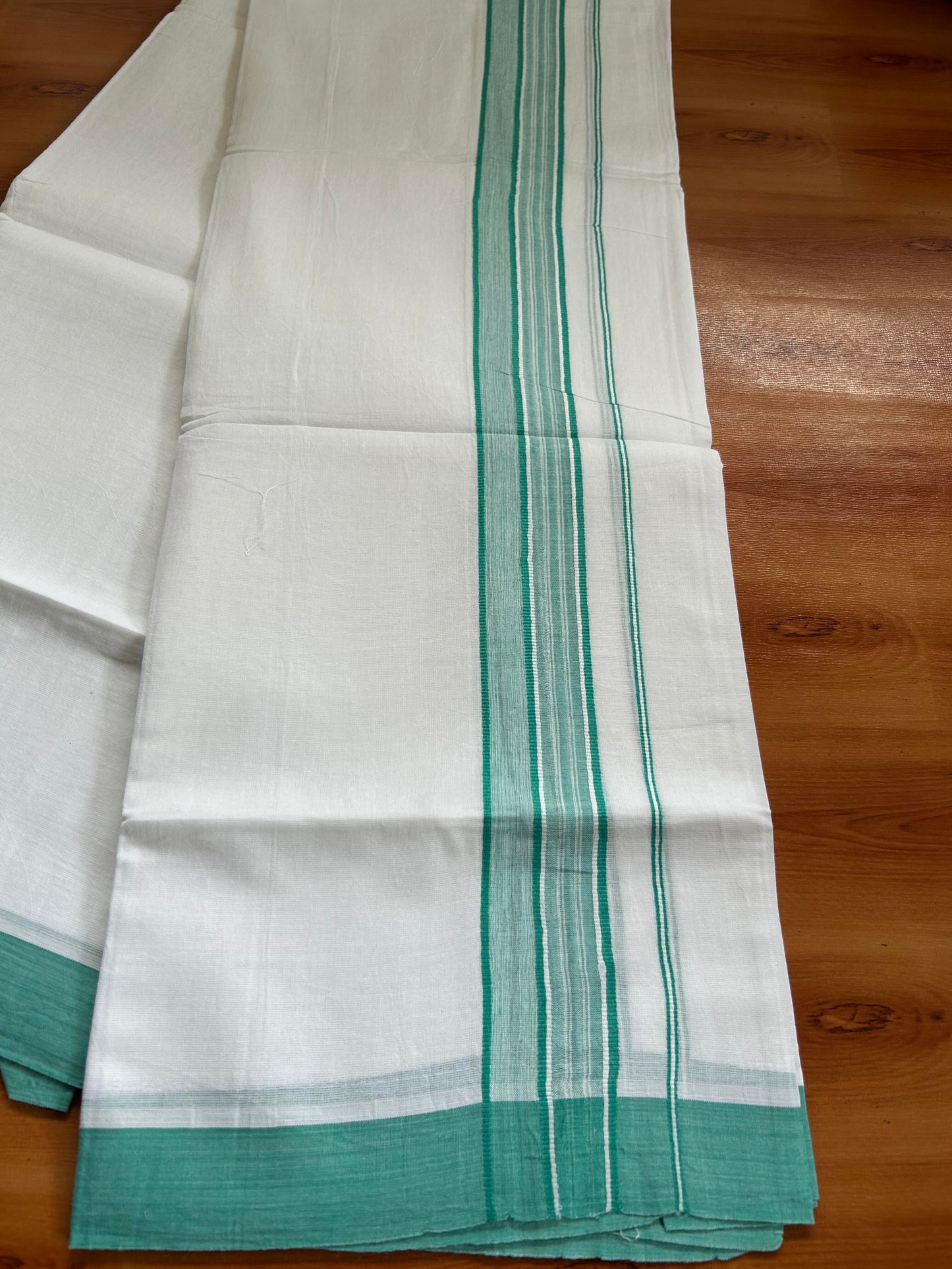 Double Pure White Mundu/Dhoti -20% Discount ! KaithariKada Balaramapuram 100% Cotton - 60s - 1.75 Inch Turquoise Shaded Striped Kara - 3.80mtr ( 8 muzham) - 48 KK5398 PMC