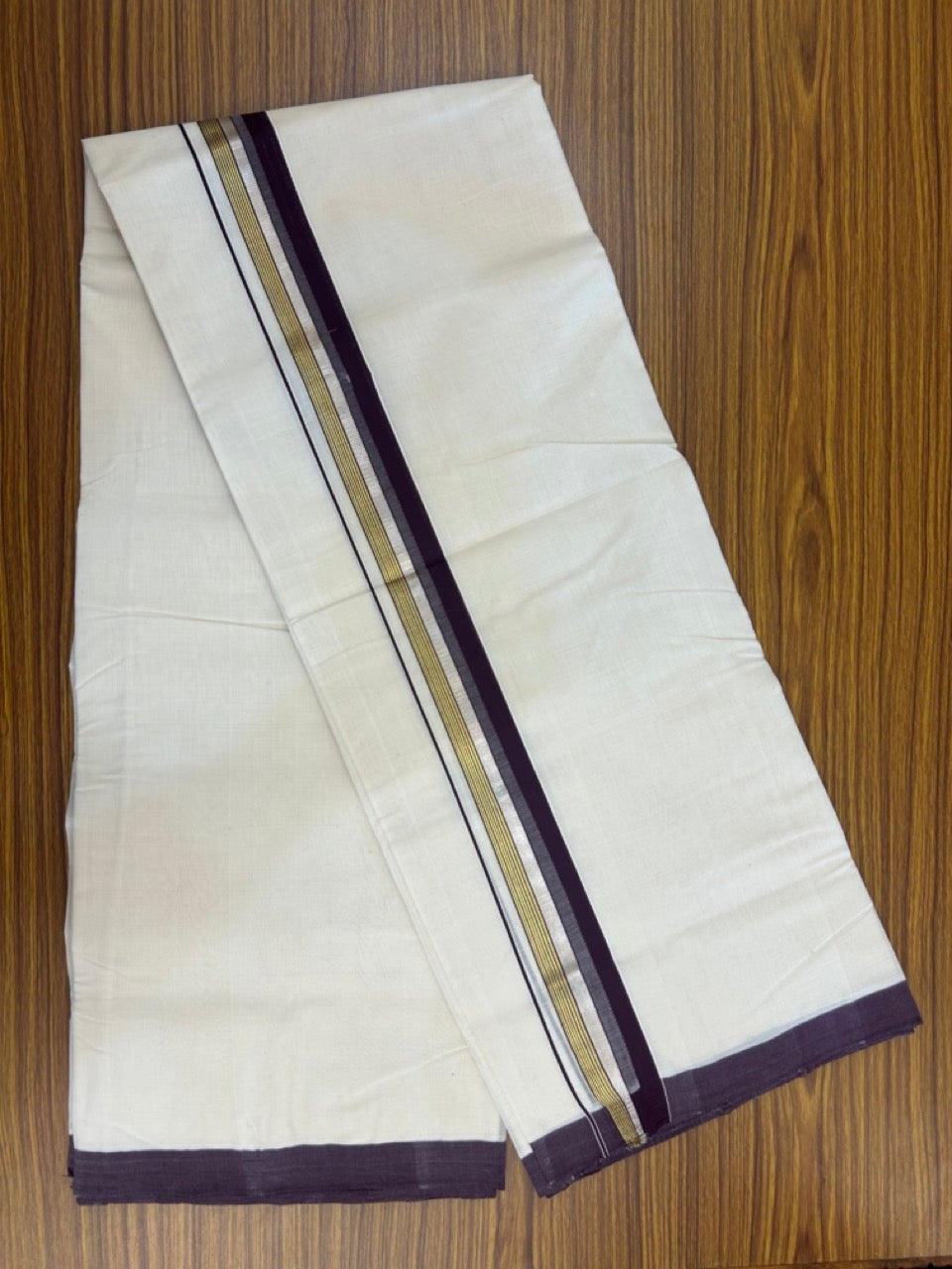 25% Discount!! KaithariKada Handloom Millpaav Balaramapuram - 100% Pure Cotton Off White Double - (Unbleached) Mundu/Dothi -80x90 - 1.5 Inch Silver Kasav & Gold Kasav Wine Purple Stripes kara 4mtr (8.5 muzham) - 10 KK5264 RAM