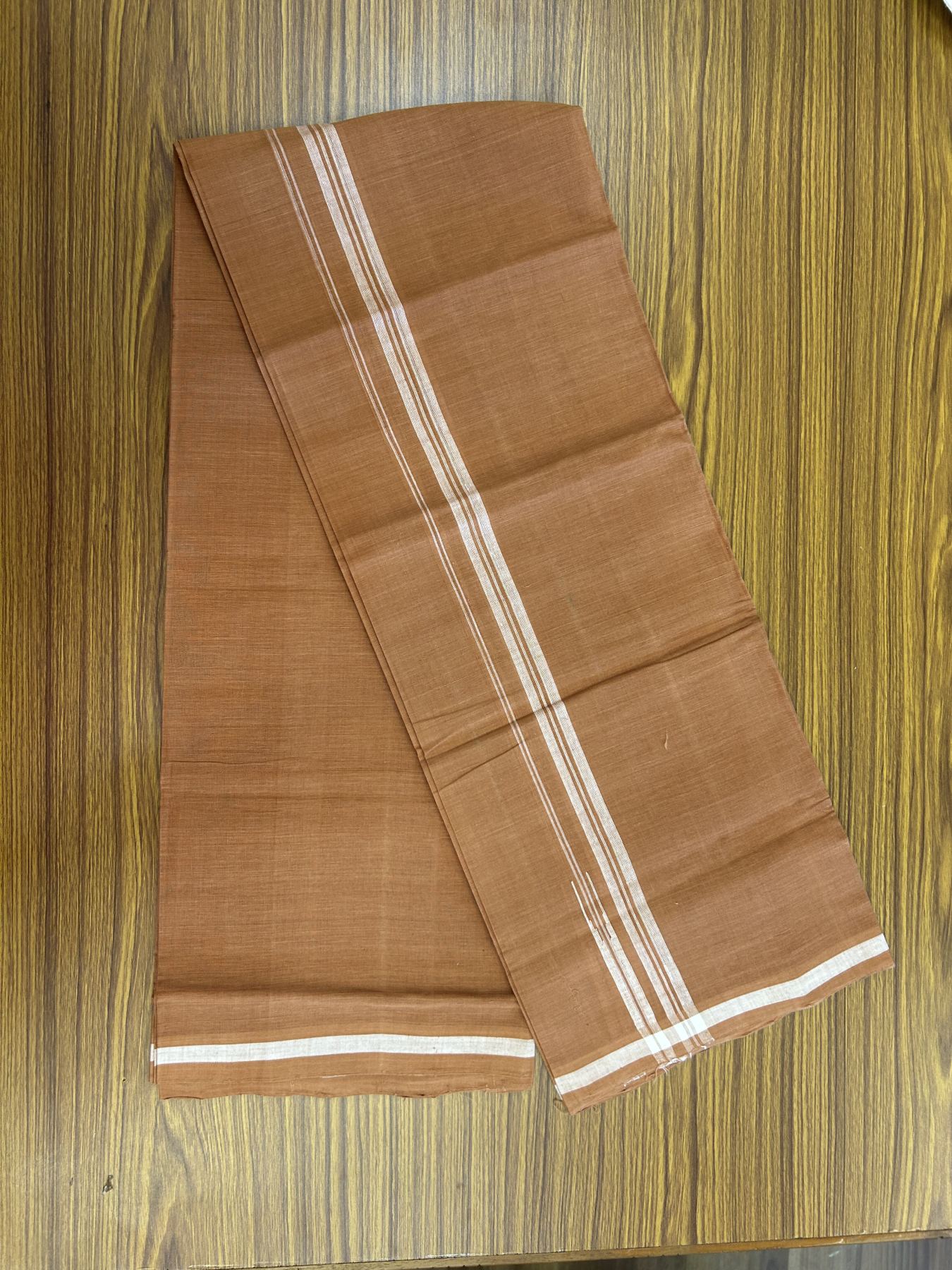 Kerala Handloom Single Hallmarked - 10% Discount !! KaithariKada 100% Pure Cotton - Mundu/Dhoti 2 cm Puliyilakkara White Shaded Striped Chutty Kara with Kavi colour Body - (2 meter / 4 muzham) - 14 KK8048 ELA