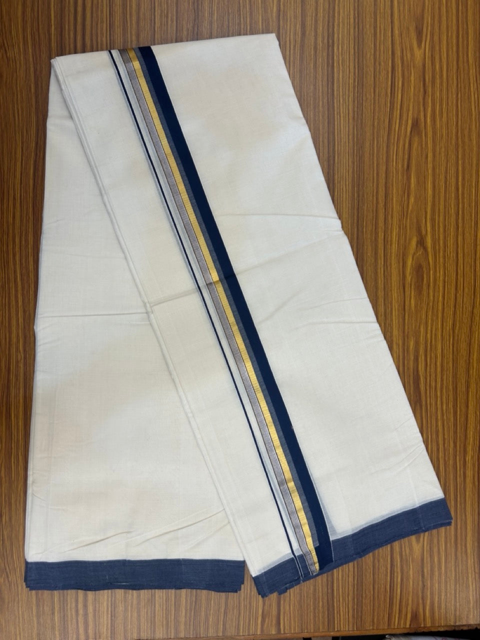 25% Discount!! KaithariKada Handloom Millpaav Balaramapuram - 100% Pure Cotton Off White Double - (Unbleached) Mundu/Dothi -80x90 - 1.5 Inch Silver Kasav & Gold Kasav Navy Blue Stripes kara 4mtr (8.5 muzham) - 9 KK5264 RAM