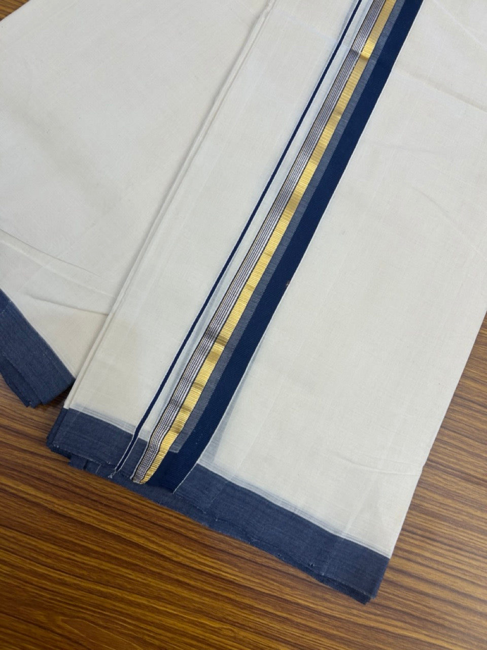 25% Discount!! KaithariKada Handloom Millpaav Balaramapuram - 100% Pure Cotton Off White Double - (Unbleached) Mundu/Dothi -80x90 - 1.5 Inch Silver Kasav & Gold Kasav Navy Blue Stripes kara 4mtr (8.5 muzham) - 9 KK5264 RAM