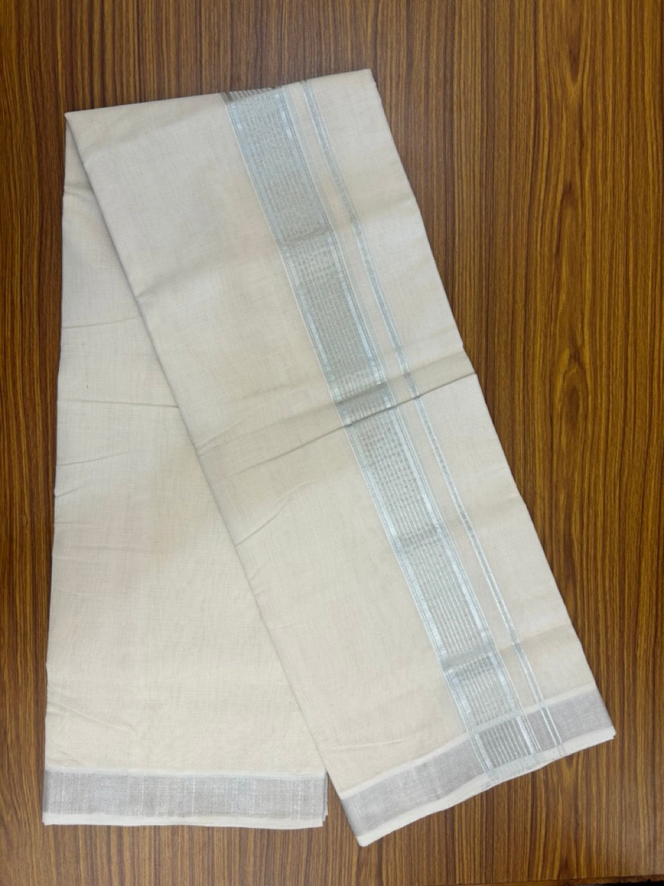 25% DISCOUNT!! KaithariKada Handloom Millpaav Balaramapuram - 100% Pure Cotton OFF White (Unbleached) Double Mundu/Dothi - 80x90 - 2 inch Silver Kasav striped Kara 4 Meters (8.5 Muzham) - 1 KK5264 RAM
