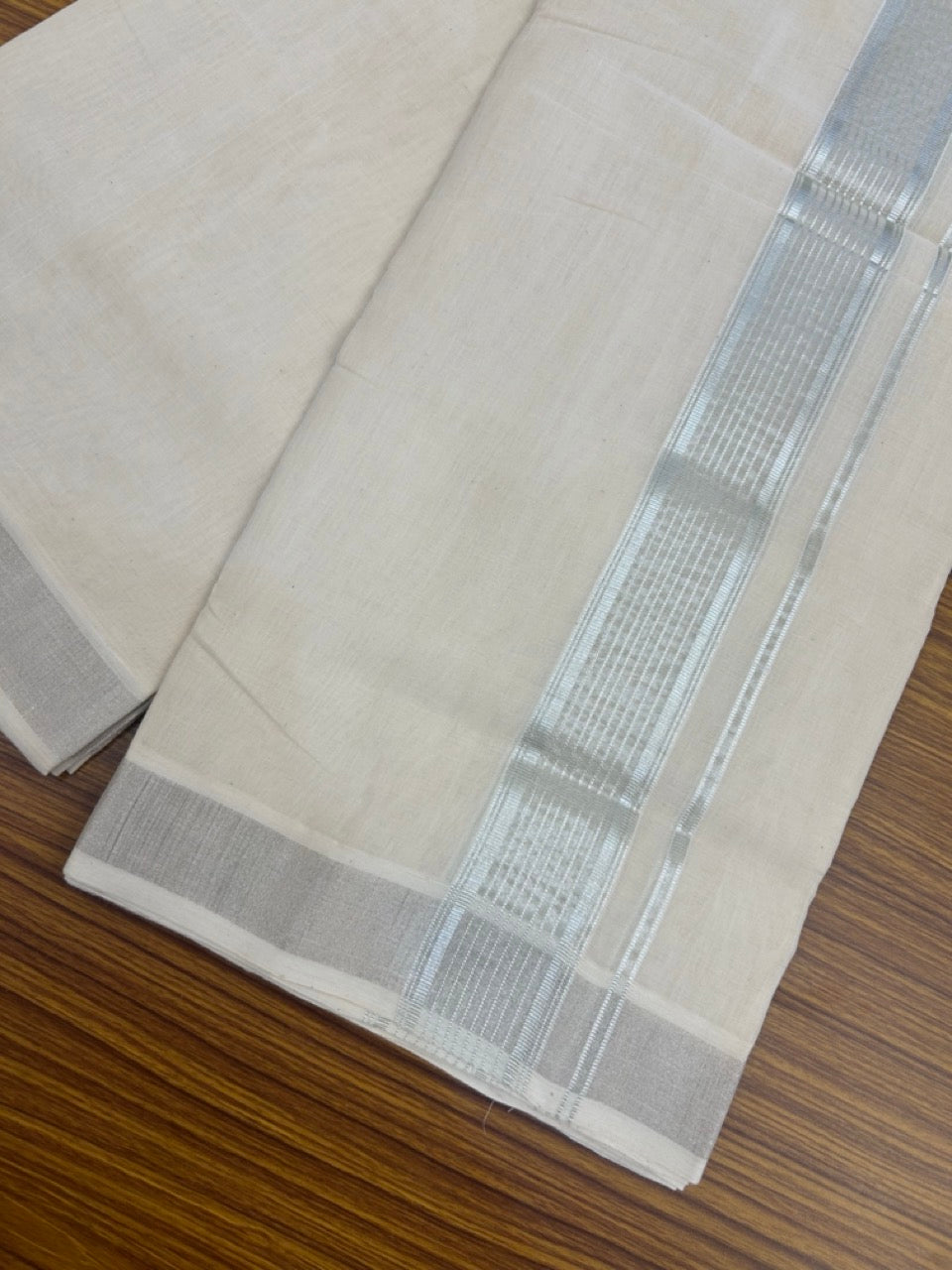 25% DISCOUNT!! KaithariKada Handloom Millpaav Balaramapuram - 100% Pure Cotton OFF White (Unbleached) Double Mundu/Dothi - 80x90 - 2 inch Silver Kasav striped Kara 4 Meters (8.5 Muzham) - 1 KK5264 RAM