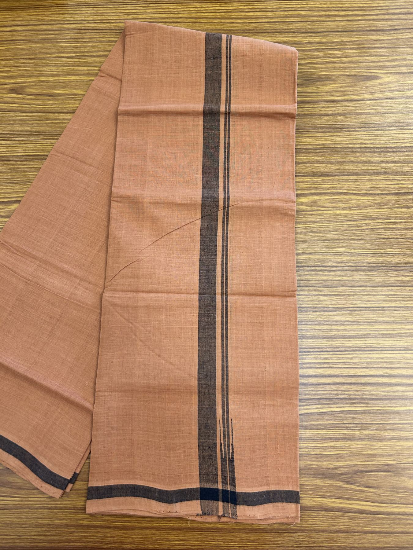Kerala Handloom Single Hallmarked - 10% Discount !! KaithariKada 100% Pure Cotton - Mundu/Dhoti 2 cm Puliyilakkara Black Shaded Striped Chutty Kara with Kavi colour Body - (2 meter / 4 muzham) - 15 KK8048 ELA
