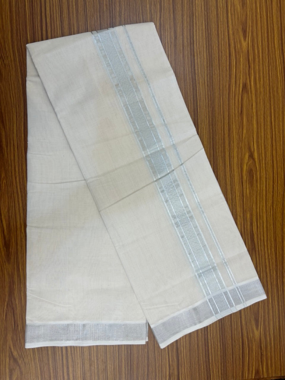 25% DISCOUNT!! KaithariKada Handloom Millpaav Balaramapuram - 100% Pure Cotton OFF White (Unbleached) Double Mundu/Dothi - 80x90 - 1.75 inch Silver Kasav Center striped Kara 4 Meters (8.5 Muzham) - 2 KK5264 RAM